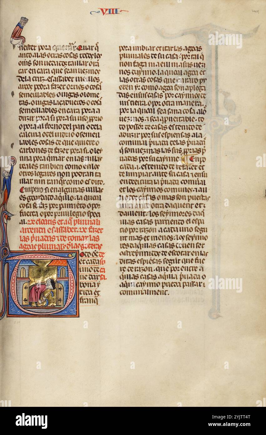 T initial : deux hommes creusant ; Vidal Mayor, vers 1290-1310. Informations complémentaires : en 1247, avec la reconquête de l'Espagne auprès des forces musulmanes pratiquement terminée, le roi Jacques Ier d'Aragon et de Catalogne, en Espagne, décida d'établir un nouveau code de droit systématique pour son Royaume. Il confia la tâche à Vidal de Canellas, évêque de Huesca. Le manuscrit, le seul exemplaire connu du code de loi encore existant, est une traduction du texte latin de Vidal de Canellas en langue vernaculaire navarro-aragonaise (dans cette langue, le livre est appelé Vidal Mayor en référence à l'auteur). Le manuscrit du manuscrit Banque D'Images