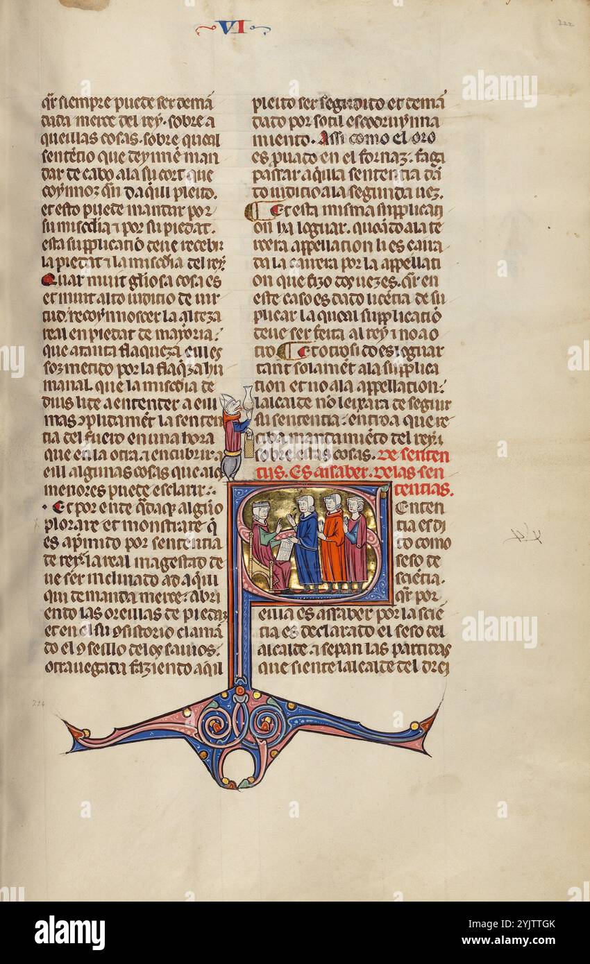 Initiale S : trois hommes parlant devant un juge ; Vidal Mayor, vers 1290-1310. Informations complémentaires : en 1247, avec la reconquête de l'Espagne auprès des forces musulmanes pratiquement terminée, le roi Jacques Ier d'Aragon et de Catalogne, en Espagne, décida d'établir un nouveau code de droit systématique pour son Royaume. Il confia la tâche à Vidal de Canellas, évêque de Huesca. Le manuscrit, le seul exemplaire connu du code de loi encore existant, est une traduction du texte latin de Vidal de Canellas en langue vernaculaire navarro-aragonaise (dans cette langue, le livre est appelé Vidal Mayor en référence à l'auteur). Le Banque D'Images