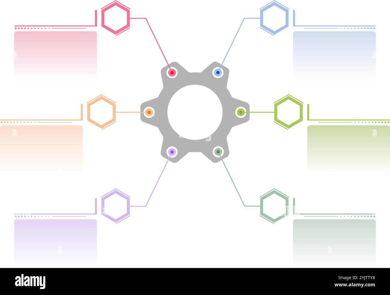 modèle d'étiquettes infographiques 6 étapes ou option avec engrenage et forme hexagonale. illustration vectorielle isolée sur fond blanc. Illustration de Vecteur