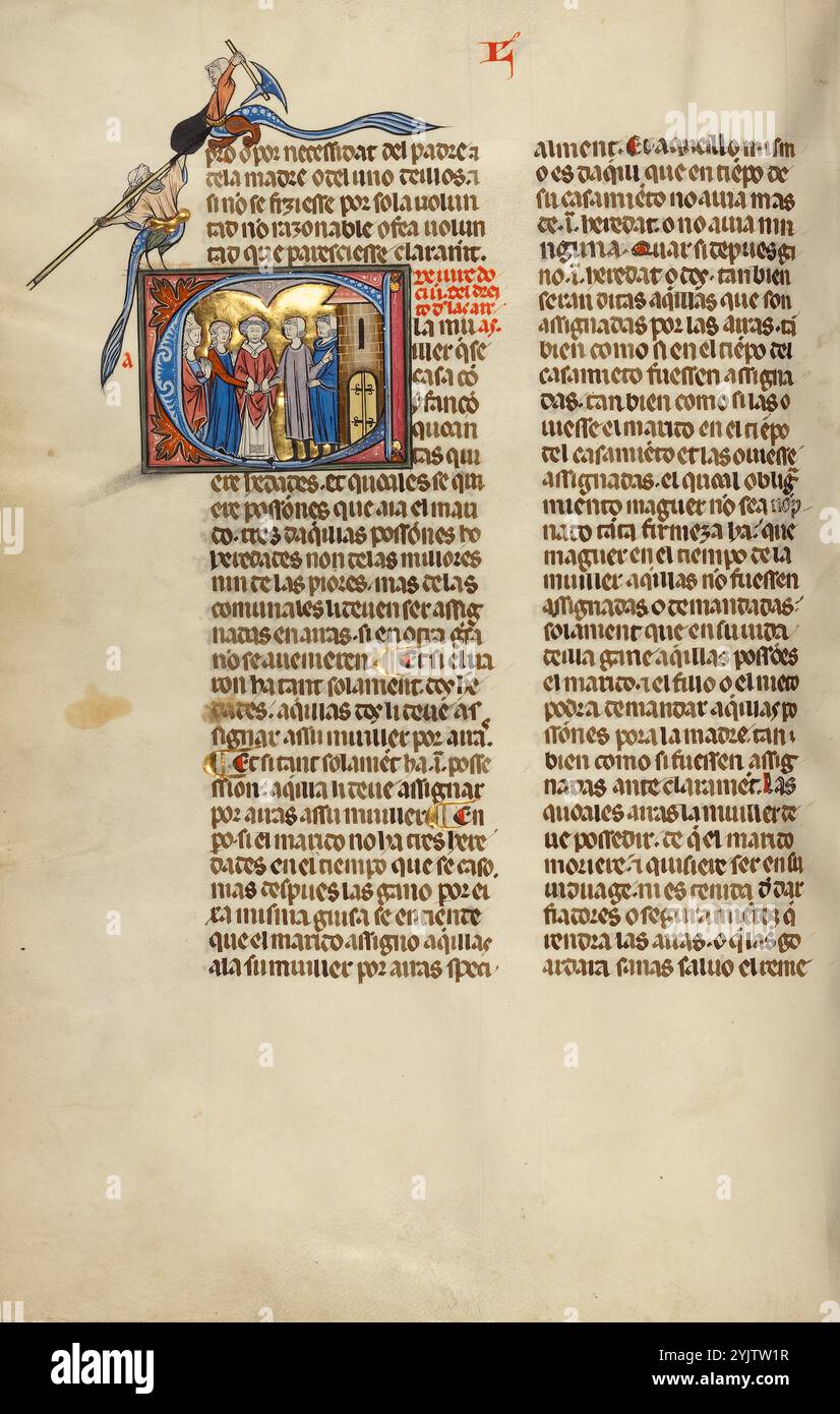 Initiale l : une cérémonie de mariage ; Vidal Mayor, vers 1290-1310. Informations complémentaires : en 1247, avec la reconquête de l'Espagne auprès des forces musulmanes pratiquement terminée, le roi Jacques Ier d'Aragon et de Catalogne, en Espagne, décida d'établir un nouveau code de droit systématique pour son Royaume. Il confia la tâche à Vidal de Canellas, évêque de Huesca. Le manuscrit, le seul exemplaire connu du code de loi encore existant, est une traduction du texte latin de Vidal de Canellas en langue vernaculaire navarro-aragonaise (dans cette langue, le livre est appelé Vidal Mayor en référence à l'auteur). Le manuscrit est Banque D'Images