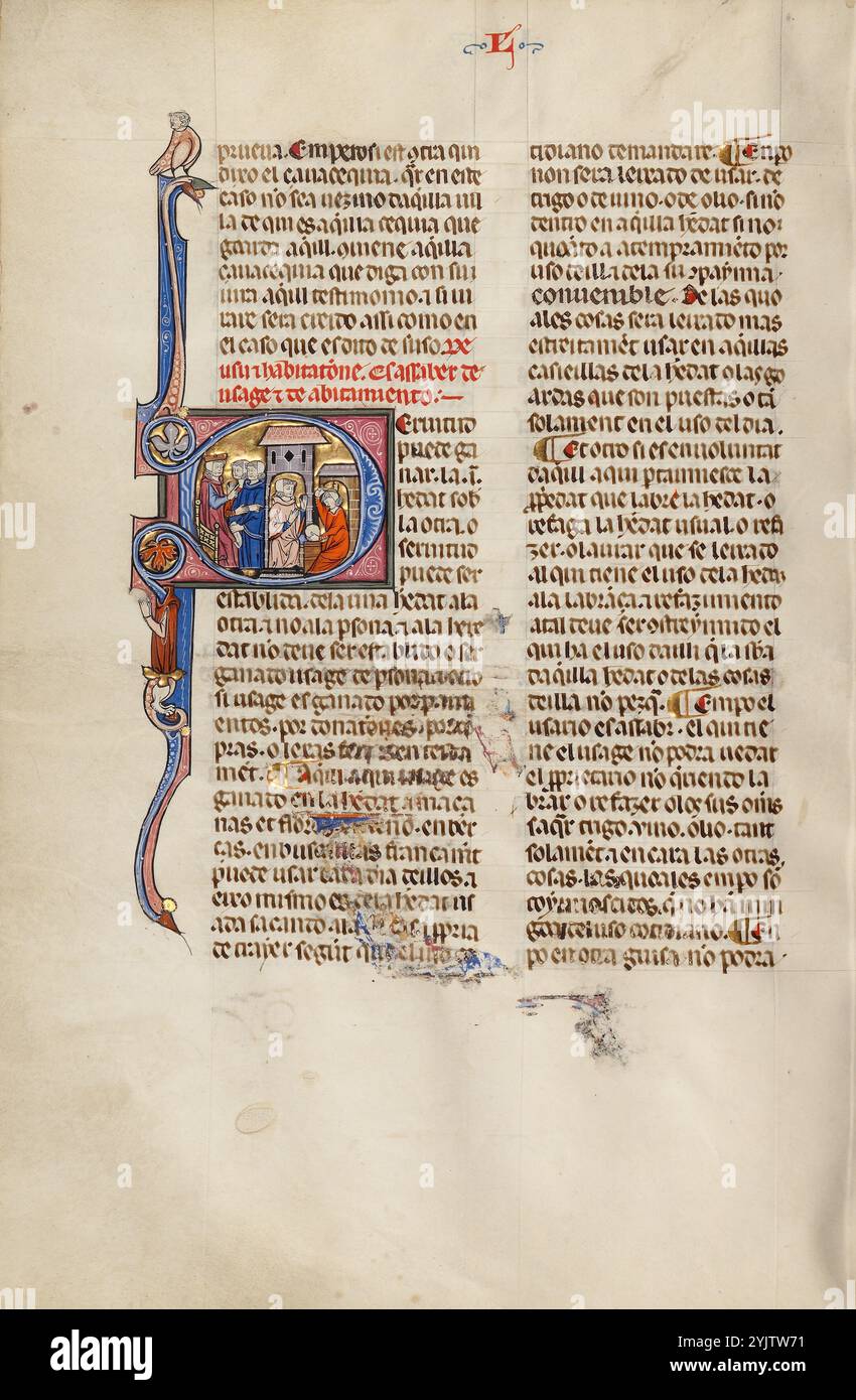 Initial S : deux hommes devant un juge pointant vers un homme travaillant à une enclume ; Vidal Mayor, vers 1290-1310. Informations complémentaires : en 1247, avec la reconquête de l'Espagne auprès des forces musulmanes pratiquement terminée, le roi Jacques Ier d'Aragon et de Catalogne, en Espagne, décida d'établir un nouveau code de droit systématique pour son Royaume. Il confia la tâche à Vidal de Canellas, évêque de Huesca. Le manuscrit, la seule copie connue du code de loi encore en vigueur, est une traduction du texte latin de Vidal de Canellas dans la langue vernaculaire navarro-aragonaise (dans cette langue, le livre est appelé Vidal Mayor in Re Banque D'Images