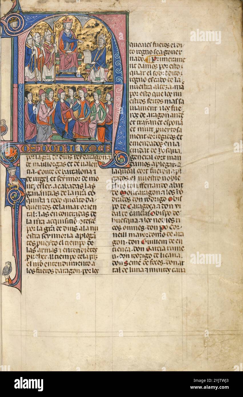 Initial N : Vidal de Canellas offrant son texte au roi Jacques ; Vidal Mayor, vers 1290-1310. Informations complémentaires : le grand N initial qui ouvre cette première page du manuscrit introduit majestueusement le prologue. Le roi Jacques d'Aragon et de Catalogne cite le livre de Vidal de Canellas, l'auteur. La scène affirme la légitimité de la nouvelle compilation de lois avec laquelle le roi Jacques Ier a tenté de consolider son pouvoir sur le territoire nouvellement reconquis de l'Aragon. Placée dans une initiale, la scène montre le roi flanqué de ses évêques, y compris Canellas, évêque de Huesca, pendant la légalité Banque D'Images