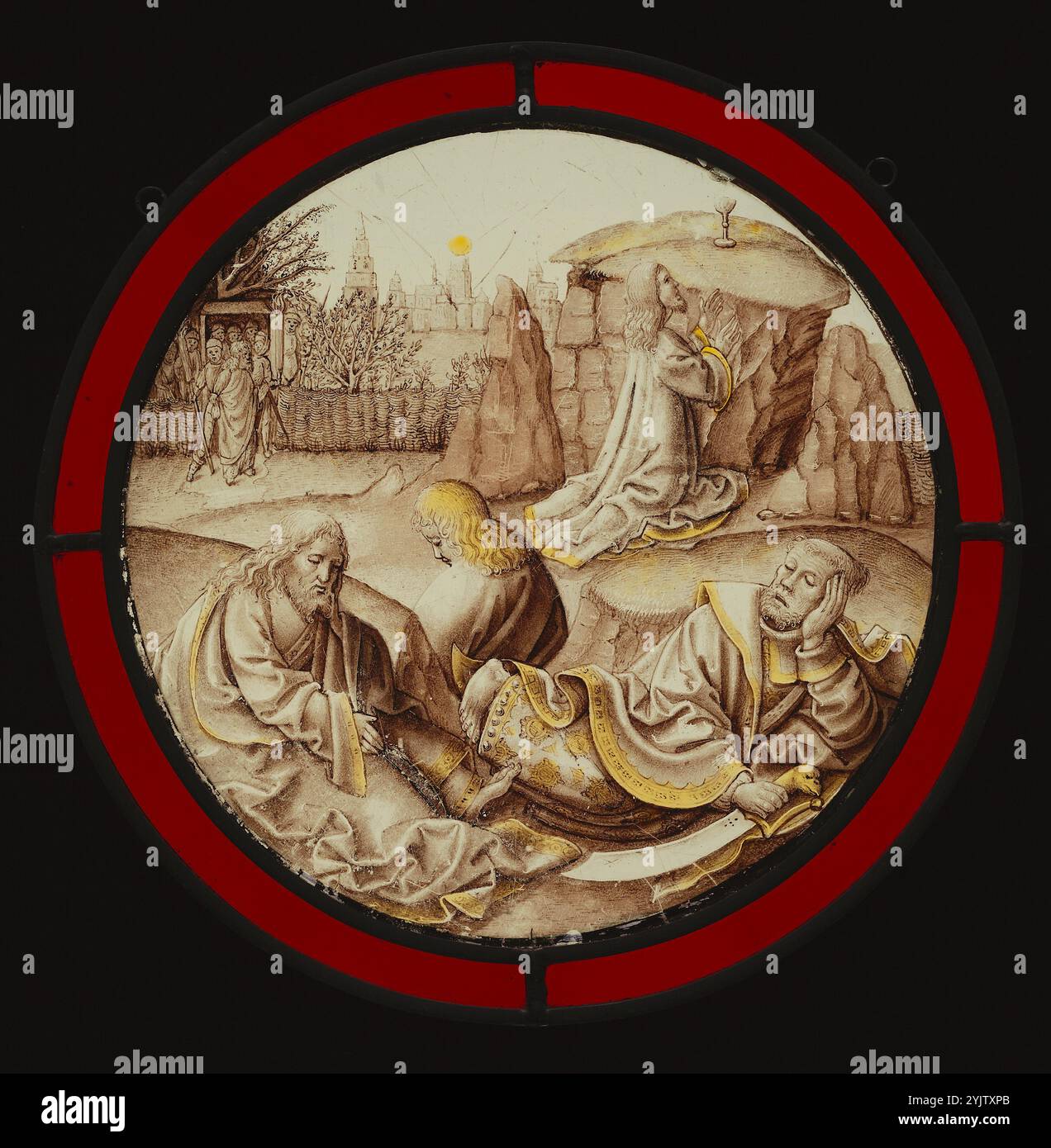 Christ sur le Mont des oliviers, vers 1480-1500. Informations supplémentaires : avant son arrestation, Christ prie à l'extérieur de Jérusalem sur le Mont des oliviers, "Père, si tu flétris, enlève ce calice de moi" (Luc 22:42 [Douay-Reims]), se référant à sa souffrance imminente et sa mort. Au premier plan se trouvent trois des disciples, le jeune Jean sans barbe, Jacques avec ses mains jointes dans la prière, et Pierre dormant tout en tenant une épée. En arrière-plan, Judas, serrant un sac d'argent, conduit les soldats à passer par une porte. La composition est basée sur des images trouvées dans des tirages représentant des scènes séquentielles du Banque D'Images