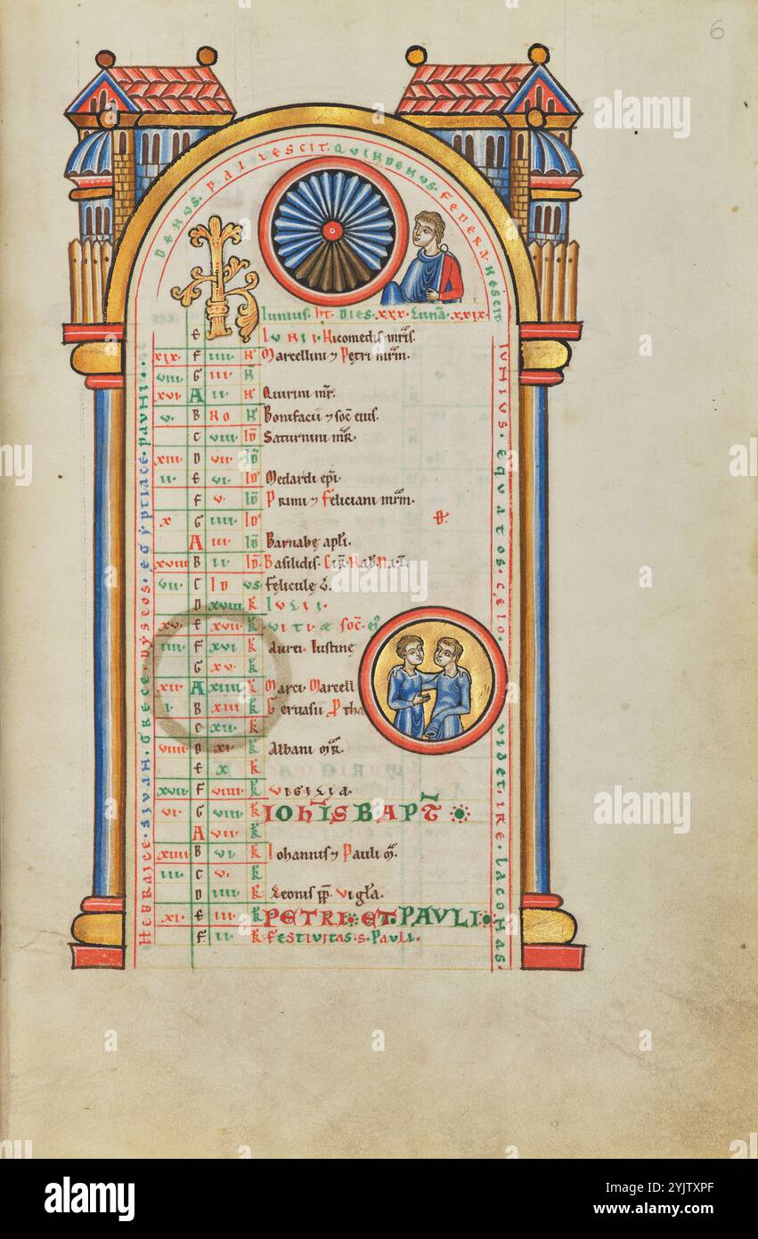 Page calendrier juin avec Junius Brutus (?) Et signe zodiacal des Gémeaux ; Stammheim Missal, probablement des années 1170 Informations supplémentaires : la page du calendrier pour juin s'ouvre avec un chiffre que les chercheurs contemporains sont incapables d'identifier avec certitude. La figure de la longueur du buste peut représenter Junius Brutus, le chef romain qui a assassiné le dictateur Jules César ; son inclusion ici peut avoir été stimulée par la similitude de son nom avec le nom du mois. Comme avec les références à des personnages historiques romains tels que Numa Pompilius et aux dieux romains, ce genre d'allusion à la culture classique fournit evide Banque D'Images