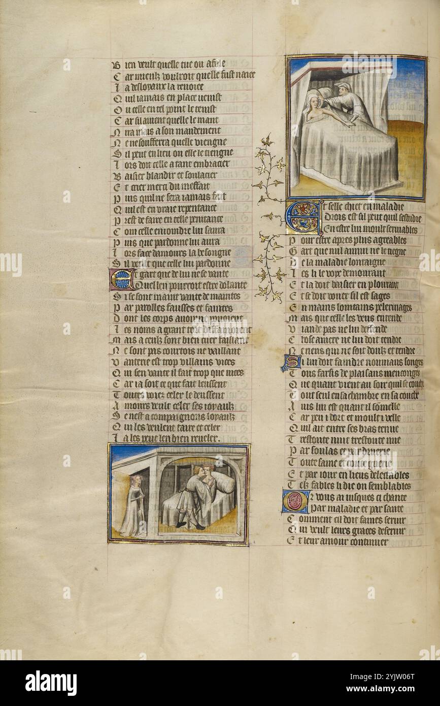 Un amant entrant dans la chambre de sa bien-aimée : un amant trouvant le pouls de sa bien-aimée ; Roman de la Rose, vers 1405. Informations complémentaires : The Romance of the Rose raconte l'histoire d'un amoureux qui rêve d'une belle rose gardée captive dans un château. La rose représente l'objet de l'amour romantique ; des personnages allégoriques dans l'histoire, tels que courtoisie, Jeunesse, peur, et farniente, aidez ou entravez les tentatives de l'amant pour gagner la rose. La romance était extrêmement populaire au moyen âge, et près de trois cents manuscrits consacrés au conte ont survécu. Deux auteurs ont écrit The Romance of the Rose in F. Banque D'Images