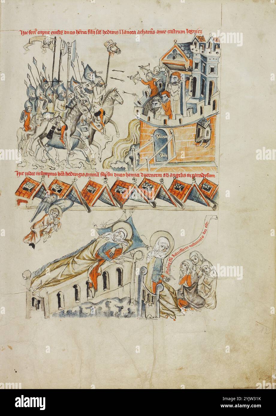 Les Tatars portant la tête de Heinrich devant le château de Liegnitz : Sainte-Hedwige voyant dans un rêve son âme portée au ciel ; Vita beatae Hedwigis ; la bataille de Liegnitz et scènes de la vie d'un tel Hedwige, 1353. Banque D'Images