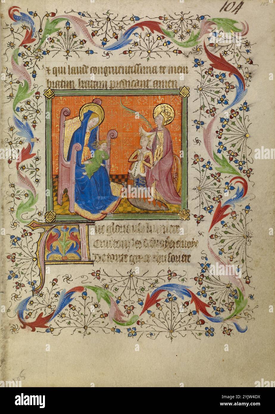 Sainte Catherine présentant une femme agenouillée à la Vierge et à l'enfant ; Livre d'heures, vers 1400-1410. Banque D'Images