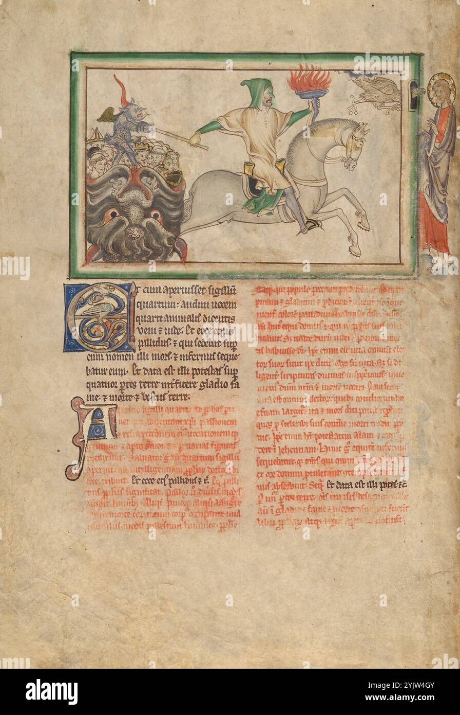 L'ouverture du quatrième sceau : le quatrième cavalier ; Apocalypse de Dyson Perrins, vers 1255-1260. Informations complémentaires : dans le chapitre six de l'Apocalypse, Saint Jean l'évangéliste décrit sa vision des quatre cavaliers qui annoncent la venue du jugement dernier. À l’extrême droite, de l’intérieur de la miniature, un aigle, l’une des quatre créatures vivantes décrites dans le texte, fait signe Saint Jean, qui se tient dans la marge. L'aigle l'appelle à assister à la vision du quatrième cavalier de l'Apocalypse. Banque D'Images