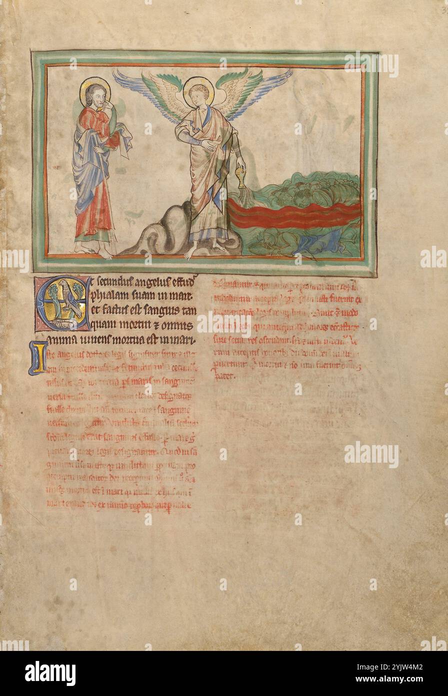 Le deuxième navire : Death in the Sea ; Dyson Perrins Apocalypse, vers 1255-1260. Informations supplémentaires : citation texte : le deuxième ange a versé son récipient sur la mer, et il est venu le sang comme il était d'un homme mort ; et chaque âme vivante est morte dans la mer. (Apocalypse 16:3). Faisant un geste vers son vaisseau renversé, d’où vient d’être libéré le deuxième des sept derniers fléaux, l’ange se tourne vers Saint Jean. Le sang coule, représenté dans la miniature comme un grand andain rouge coupant à travers l'eau. Les corps du malade sont visibles à travers la mer transparente. Banque D'Images