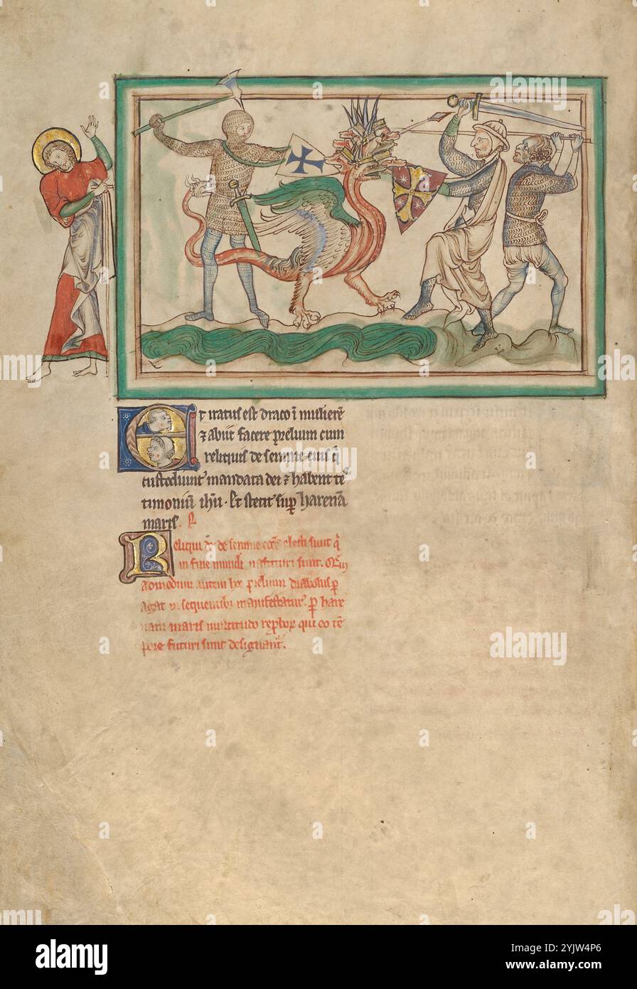 The Dragon Fighting the Just ; Dyson Perrins Apocalypse, vers 1255-1260. Informations supplémentaires : Saint John se détourne dans l'horreur que le dragon, irrité par l'évasion de la femme, combat les guerriers chrétiens tenant des boucliers avec des croix. Comme le texte le décrit, le dragon "est allé faire la guerre avec le reste de la semence de la femme, qui garde les commandements de Dieu, et ont le témoignage de Jésus." (Apocalypse 12:17) les têtes du dragon font face à la fois à gauche et à droite, signe de sa puissance inéluctable. L'une des têtes du dragon enfonce ses dents dans un bouclier, et même la queue se joint à la mêlée comme la tête sur lui Banque D'Images