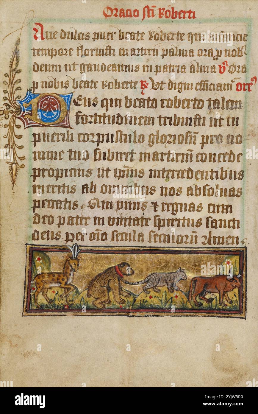 Prière à Robert de Bury avec quatre animaux en procession ; illustré Vita Christi, avec suppléments de dévotion, vers 1480-1490. Banque D'Images Prière à Robert de Bury avec quatre animaux en procession ; illustré Vita Christi, avec suppléments de dévotion, vers 1480-1490. Banque D'Images