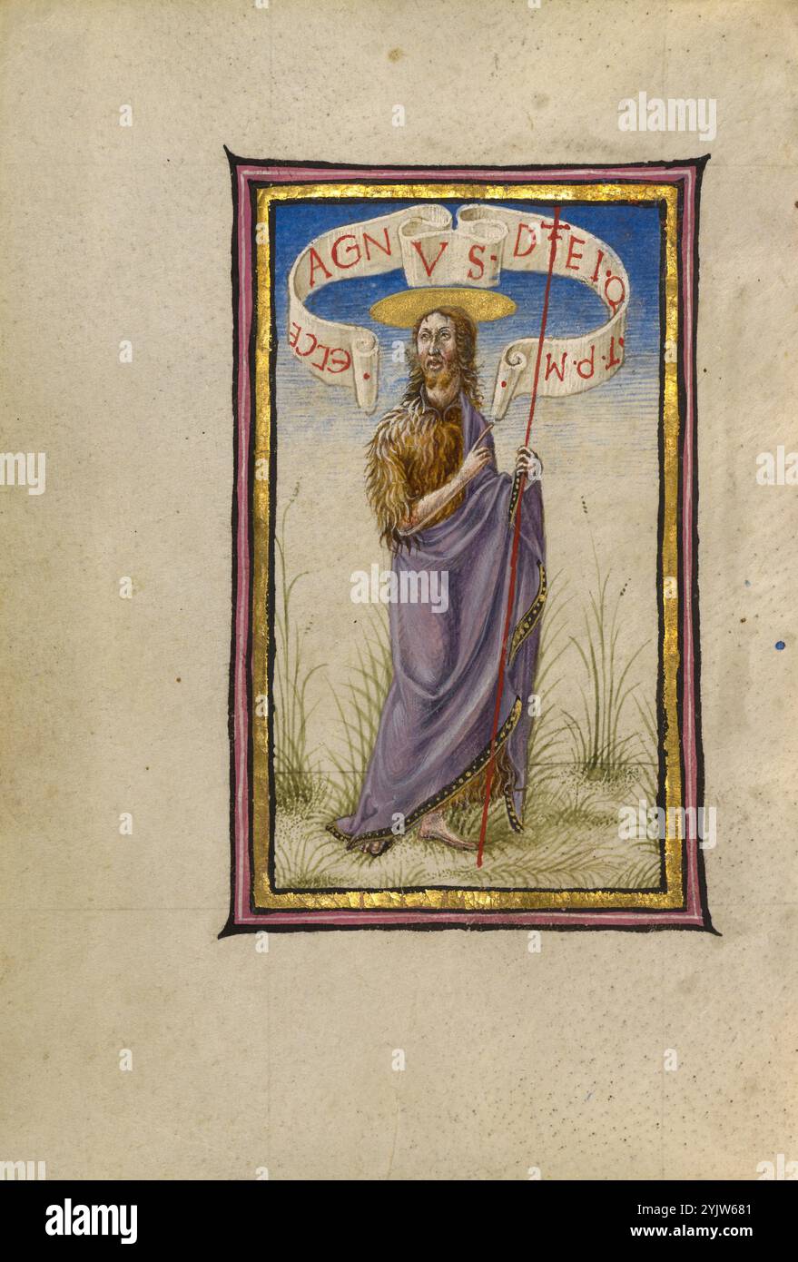 Saint Jean Baptiste ; heures de Gualenghi-d'Este, vers 1469. Informations supplémentaires : le prophète Saint Jean Baptiste, cousin de Jésus, porte une chemise en cheveux de chameau comme signe de son ascétisme. Un rouleau au-dessus de lui se lit : Ecce Agnus Dei Q[ui] T[ollis] P[eccata] M[undi] (Voici l'Agneau de Dieu, qui enlève les péchés du monde). Jean-Baptiste est le premier de plus de vingt-cinq saints énumérés dans les suffrages, une section de prières invoquant l'aide des saints. Banque D'Images