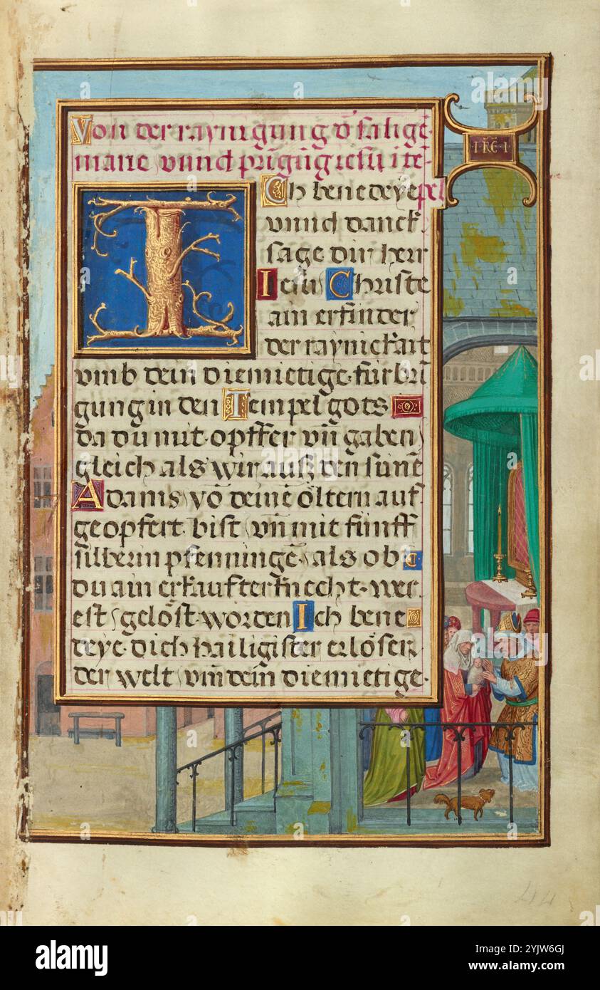 Frontière avec Samuel amené devant Eli ; Livre de prière du cardinal Albrecht de Brandebourg, vers 1525-1530. Informations supplémentaires : dans la frontière, Hannah dédie son fils Samuel au Seigneur, accomplissant un vœu qu'elle a fait à Dieu quand elle était stérile. Les chrétiens médiévaux voyaient cet incident comme une préfiguration de la présentation du Christ, décrite dans ce texte et illustrée à la page opposée. Les positions et vêtements similaires des deux prêtres soulignent le lien entre les événements de l’ancien Testament et du Nouveau Testament. Banque D'Images