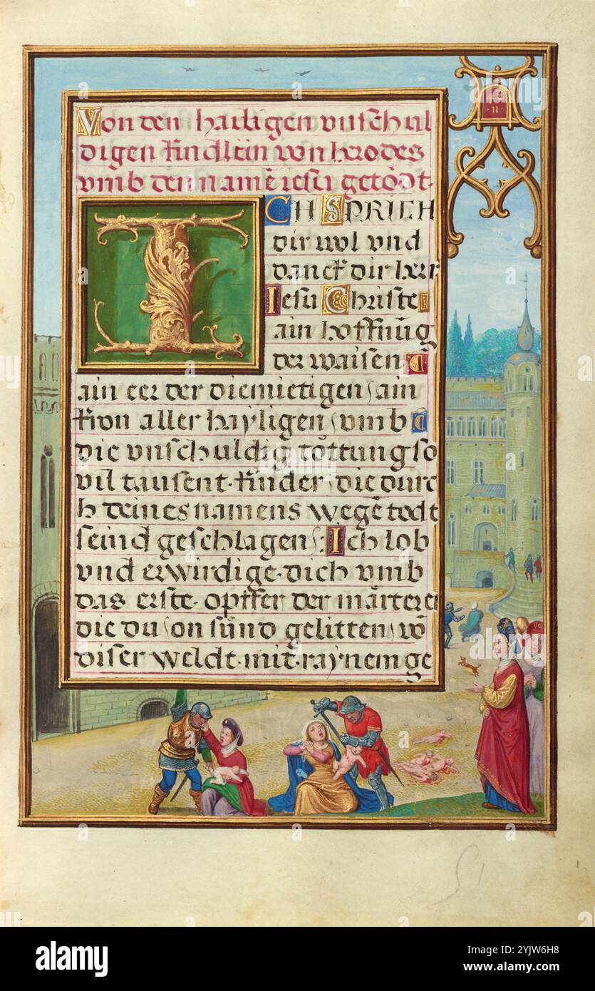 Frontière avec Athalie ordonnant le massacre des enfants du roi ; Livre de prière du cardinal Albrecht de Brandebourg, vers 1525-1530. Informations supplémentaires : à droite, Athalie, mère du roi de Juda récemment décédé, regarde impassible des soldats massacrer la progéniture de ses fils afin qu'elle puisse devenir reine. La restauration éventuelle du souverain légitime - un petit-fils qui s'était échappé - apporta une fin abrupte au règne d'Athalie et à sa vie. Les chrétiens médiévaux voyaient souvent de telles histoires de l'ancien Testament comme des préfigurations d'histoires du Nouveau Testament avec des thèmes similaires. Dans ce cas, le texte sur la page Banque D'Images