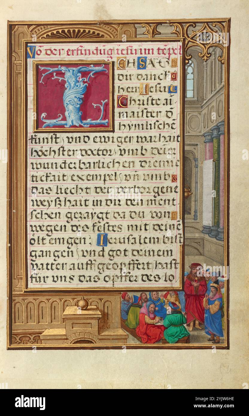 Frontière avec Samuel mettant en avant Saul comme roi ; Livre de prière du cardinal Albrecht de Brandebourg, vers 1525-1530. Informations supplémentaires : les représentants de toutes les tribus d'Israël entourent le prophète Samuel comme il met en avant Saul comme roi, en disant: "Sûrement vous pouvez voir celui que le Seigneur a choisi, qu'il n'y a pas comme lui parmi tous les gens." (I Rois 10:24) cet événement de l'ancien Testament et le récit du Nouveau Testament de la dispute dans le Temple représenté sur la page en face sont des scènes dans lesquelles Dieu a reconnu la sagesse et le leadership par une sélection spéciale. Ainsi, chrétiens Banque D'Images