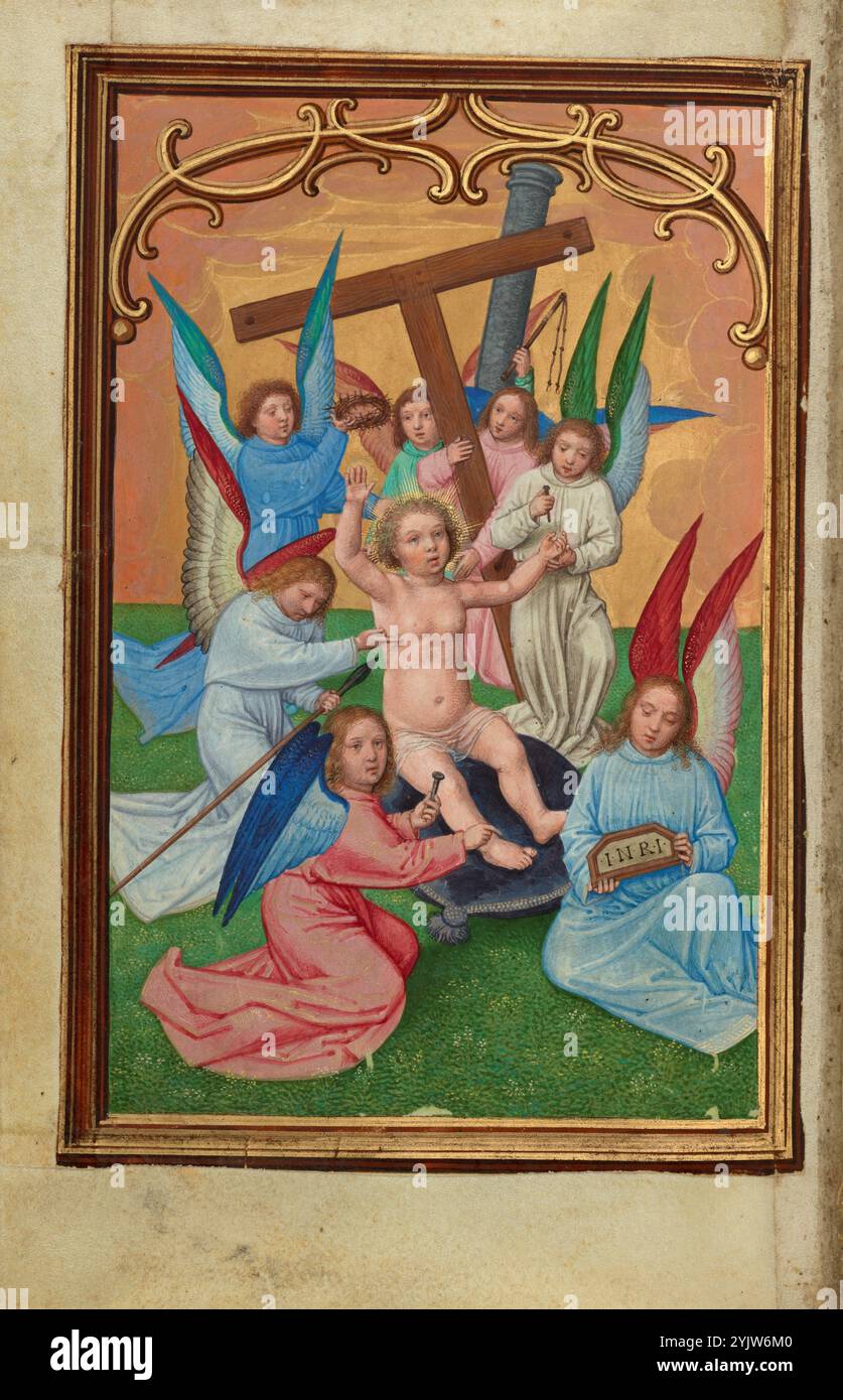 L'enfant Christ entouré par les instruments de la passion ; Livre de prière du cardinal Albrecht de Brandebourg, vers 1525-1530. Informations supplémentaires : dans un pré vert parsemé de fleurs délicates et soutenu par un ciel doré éthéré - pas un espace réel mais un Royaume spirituel - l'enfant Christ est assis sur un oreiller comme un objet précieux, entouré de sept anges. Un ange fait un geste vers le bébé et regarde vers le bas une lance, se référant au perçage du côté du Christ à la Crucifixion, un événement qui n'a pas encore eu lieu. D'autres tiennent les clous enfoncés dans les mains et les pieds du Christ, sa couronne d'épines, la croix itsel Banque D'Images