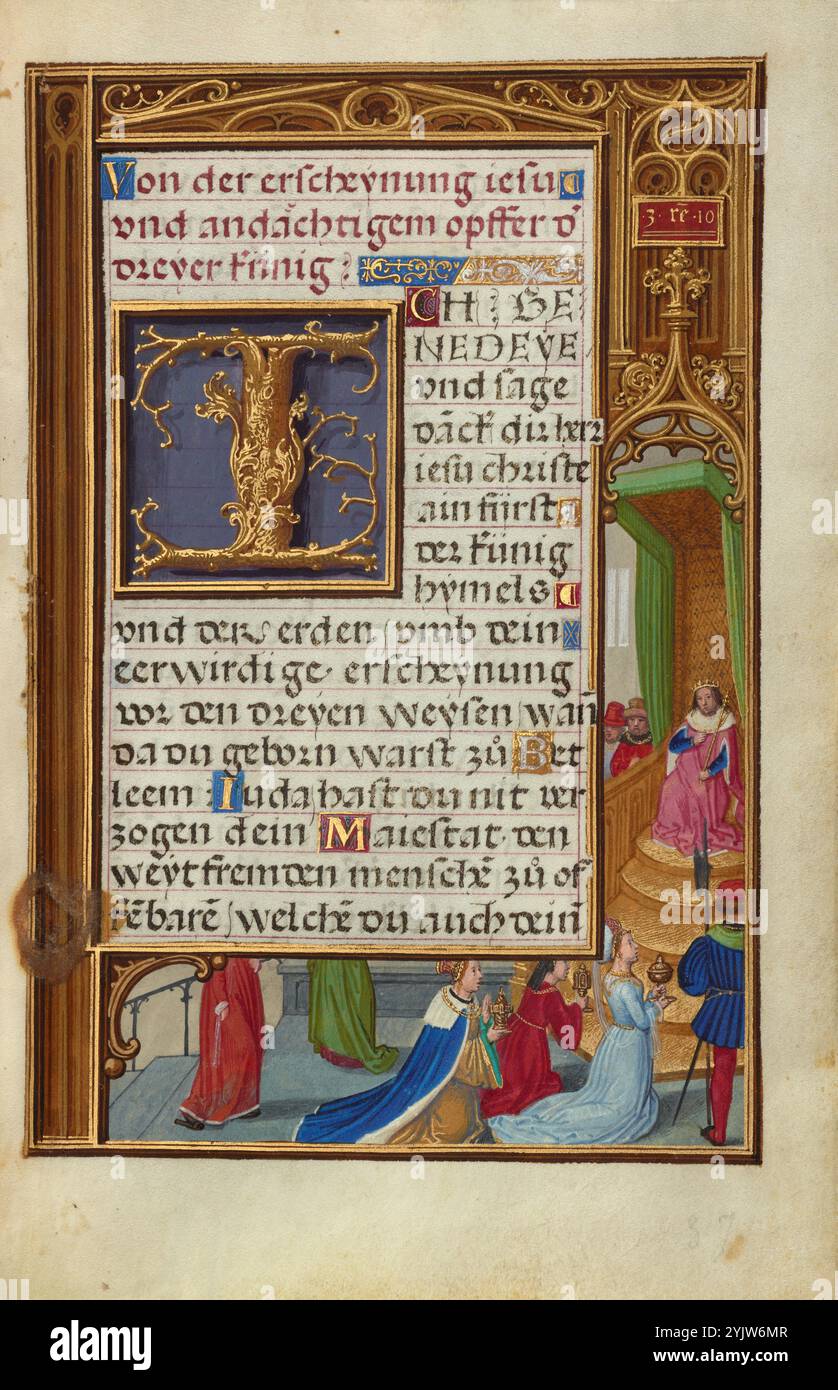 Frontière avec la reine de Sheba devant le roi Salomon ; Livre de prière du cardinal Albrecht de Brandebourg, vers 1525-1530. Informations supplémentaires : intriguée par les rapports de la sagesse légendaire du roi Salomon, la Reine de Sheba lui rend visite à Jérusalem, agenouillée avec deux de ses serviteurs pour lui présenter de somptueux or et épices. Simon Bening a construit la scène comme si elle se déroulait derrière un panneau de texte qui discute de l'histoire de l'Adoration des Mages. Cette image de la Reine et de ses servantes approchant le roi sage avec des dons fait écho à celle des trois rois visitant l'enfant Jésus se Banque D'Images