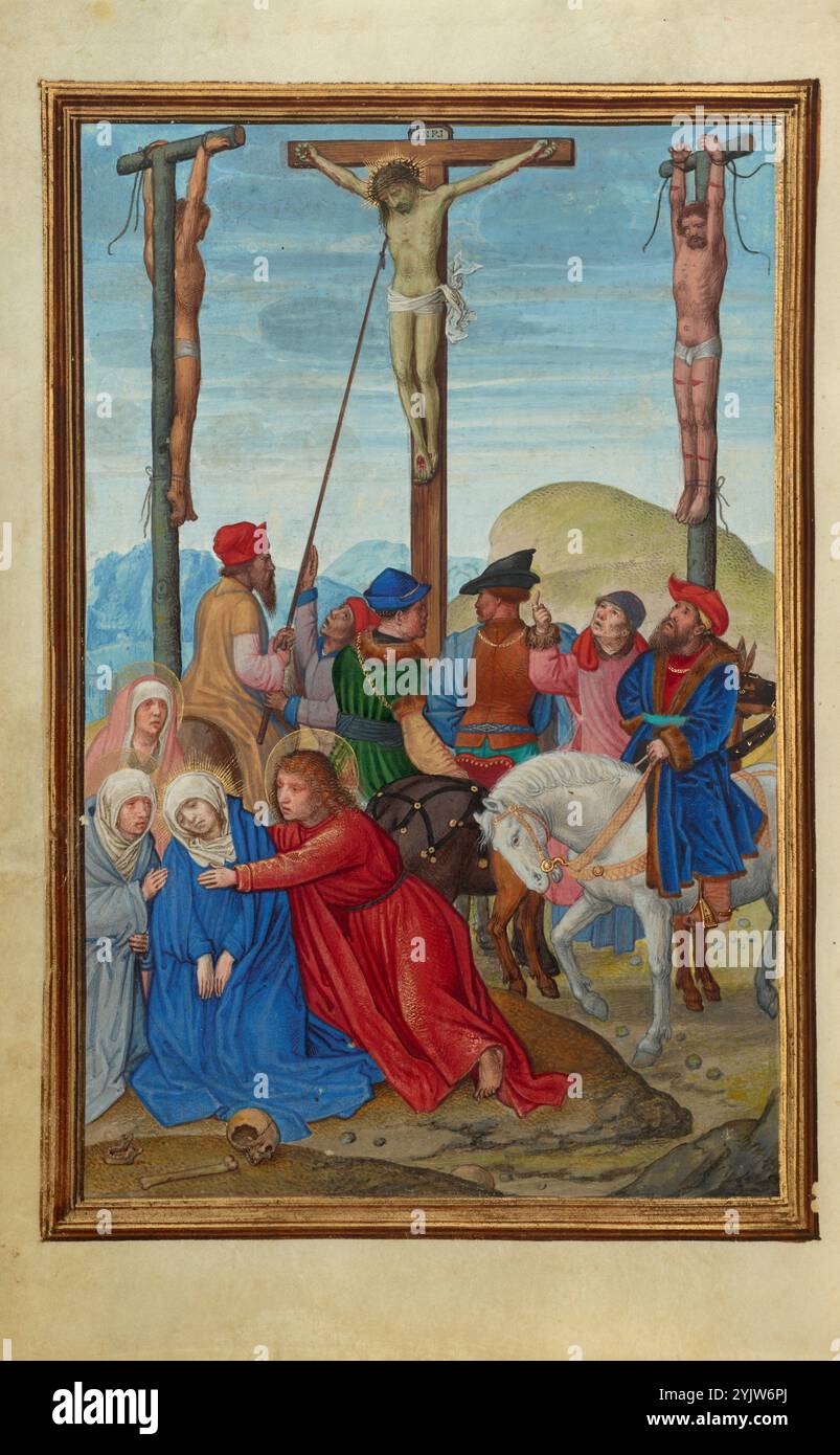 Le perçage du côté du Christ ; Livre de prière du cardinal Albrecht de Brandebourg, vers 1525-1530. Informations complémentaires : alors qu'une foule se rassemble dans la moitié inférieure de la miniature, les corps du Christ et des deux voleurs restent silhouettés contre un ciel bleu clair dans la moitié supérieure de l'illumination. En isolant le corps du Christ sur ce fond bleu, Simon Bening a souligné la longue lance perçant son côté ; un texte consacré à la lancette suit directement cette illumination. En bas à gauche, la Vierge saute de chagrin, soutenue par Saint John et deux femmes. La main de John touche la zone Banque D'Images