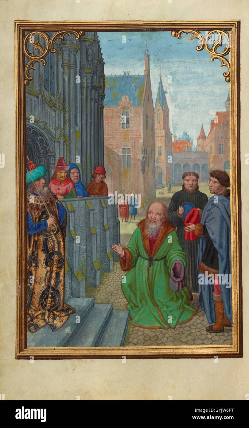 Joseph d'Arimathie avant Pilate ; Livre de prière du cardinal Albrecht de Brandebourg, vers 1525-1530. Informations supplémentaires : citation texte : et voici, il y avait un homme nommé Joseph, qui était un membre du conseil, un homme bon et juste (celui-ci n'avait pas consenti à leurs conseils et leurs actions) d'Arimathée, une ville de Judée, qui lui aussi attendait le Royaume de Dieu. Cet homme est allé à Pilate et a demandé le corps de Jésus. (Luc, 23:50-52). Agenouillé au centre, Joseph d'Arimathée homme plaide avec Ponce Pilate, qui se tient à gauche dans une magnifique robe de brocart. Simon Bening a contrasté Pil Banque D'Images