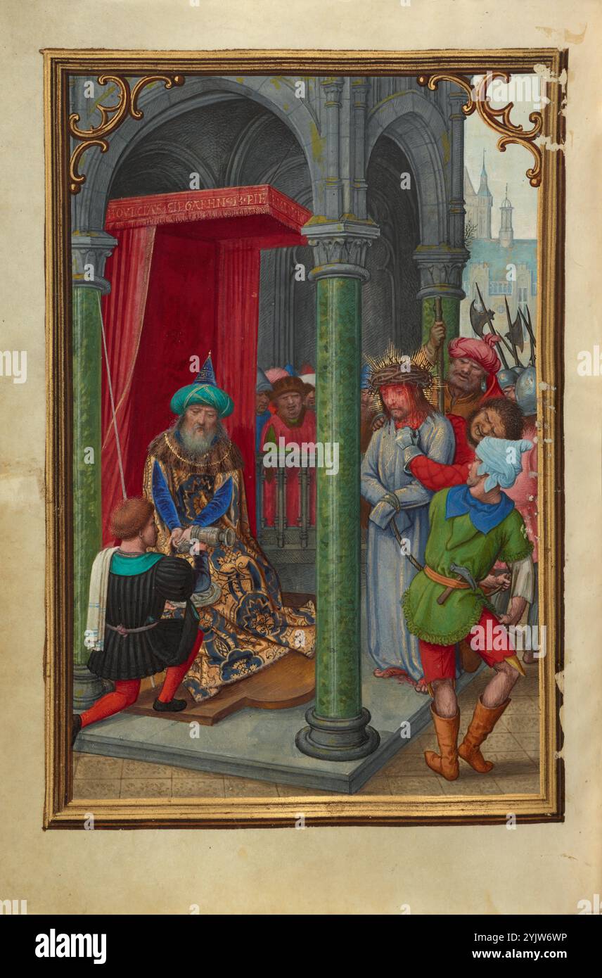 Pilate se lavant les mains ; Livre de prière du cardinal Albrecht de Brandebourg, vers 1525-1530. Informations supplémentaires : comme dans beaucoup de scènes de jugement dans ce livre, Christ vient devant son accusateur avec ses poignets liés, entouré par un groupe cruel et laid de bourreaux. Selon les Évangiles, Pilate a trouvé Christ innocent, mais il était réticent à le libérer parce que les Juifs voulaient qu'il soit exécuté. S'inclinant devant les demandes de la foule, il décida de suivre la coutume et de libérer un prisonnier à la Pâque. En demandant aux Juifs s'ils voulaient libérer Christ ou le voleur Barabbas, le peuple appela Barabba Banque D'Images
