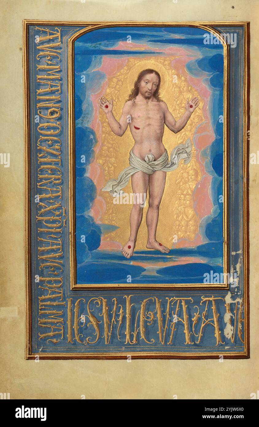 L'homme des douleurs ; Livre de prière du cardinal Albrecht de Brandebourg, vers 1525-1530. Informations supplémentaires : suite aux scènes narratives antérieures du manuscrit de la passion du Christ, Simon Bening a peint une image qui se concentre sur les blessures du Christ. Se concentrant sur son corps comme objet de culte plutôt que de montrer un épisode dramatique spécifique de sa vie, cette image invite à méditer sur la souffrance physique du Christ et son triomphe ultime sur la torture et la mort. Bening ici voulait inspirer les fidèles avec un sens de la présence éternelle du Christ plutôt que de faire du spectateur un témoin oculaire de lointain Banque D'Images