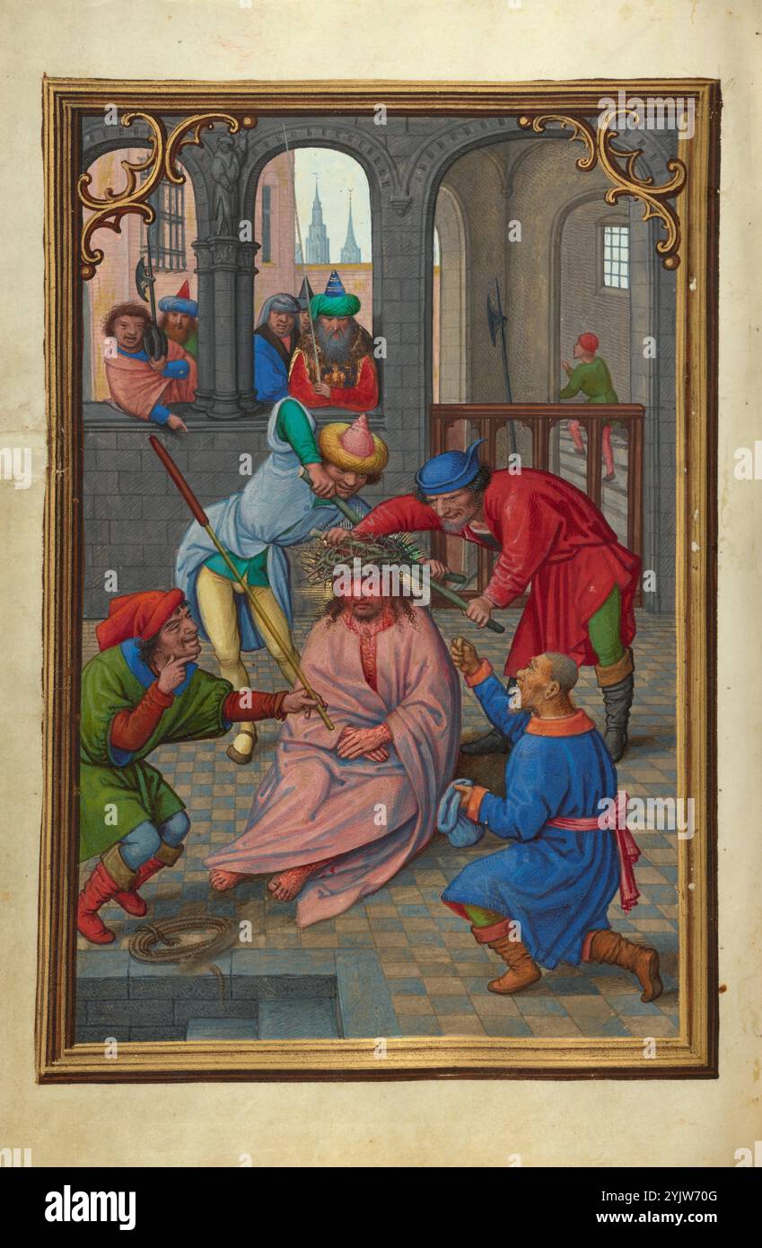 Le couronnement aux épines ; Livre de prière du cardinal Albrecht de Brandebourg, vers 1525-1530. Informations complémentaires : Simon Bening a placé le Christ au centre de cette miniature dans une pose qui révèle la dignité et la grâce face à ses agresseurs. Malgré les blessures graves qu'il a subies, Christ conserve une beauté solennelle tandis que ses tormenteurs semblent laides, stupides et mauvais. En juxtaposant les traits déformés des sbires avec la figure comique du Christ, Bening a suivi une tradition artistique médiévale commune destinée à évoquer une réponse sympathique de la part du spectateur. Il a également attiré le spectateur dans la scen Banque D'Images