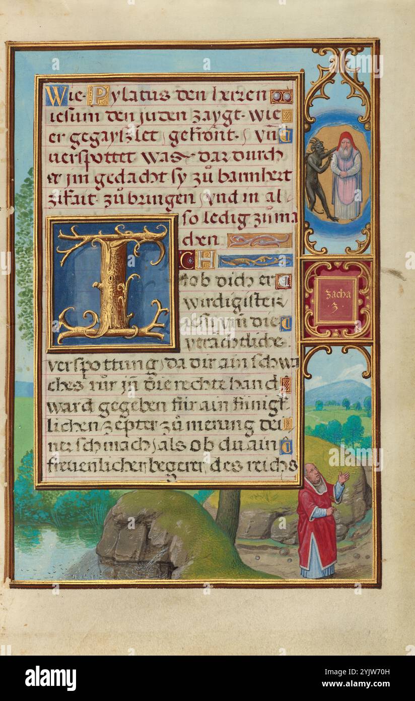 Frontière avec la vision de Zacharie du Grand prêtre et du Diable ; Livre de prière du cardinal Albrecht de Brandebourg, vers 1525-1530. Informations supplémentaires : dans le coin inférieur droit de cette frontière, le prophète Zacharie regarde une vision de Satan assaillant le grand prêtre Josué. Les commentateurs médiévaux ont vu un parallèle entre l'histoire de l'ancien Testament du prêtre Josué et le sort de Jésus décrit dans le Nouveau Testament. Simon Bening a exprimé ce parallèle visuellement en ayant Josué -- également accusé injustement -- se tenir à côté de Satan tout comme Jésus se tient à côté de Pilate dans la miniature en regard. Banque D'Images