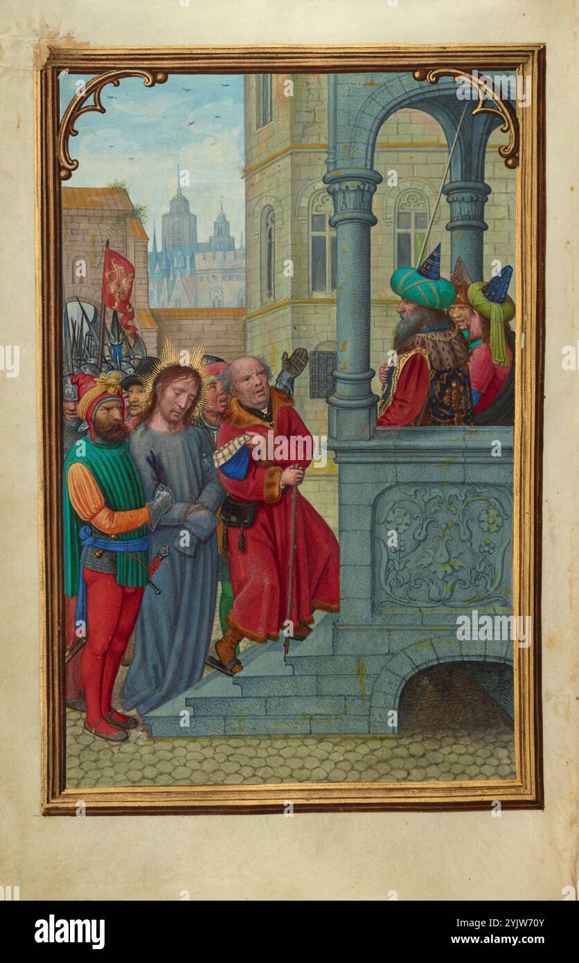 Christ avant Pilate ; Livre de prière du cardinal Albrecht de Brandebourg, vers 1525-1530. Informations supplémentaires : orné de belles robes, Pilate se tient sur un portique en pierre tenant un long bâton avec une expression sombre sur son visage. Un homme armé conduit Christ, dont la tête est courbée et les mains liées, au portique pour jugement. Un homme en rouge commence à monter les escaliers, regardant vers Pilate et faisant des gestes vers le Christ captif avec son chapeau, peut-être plaidant pour la clémence. Simon Bening a représenté une foule de soldats derrière Christ ; leur grand nombre semble encore se presser à travers la porte dans le dos Banque D'Images