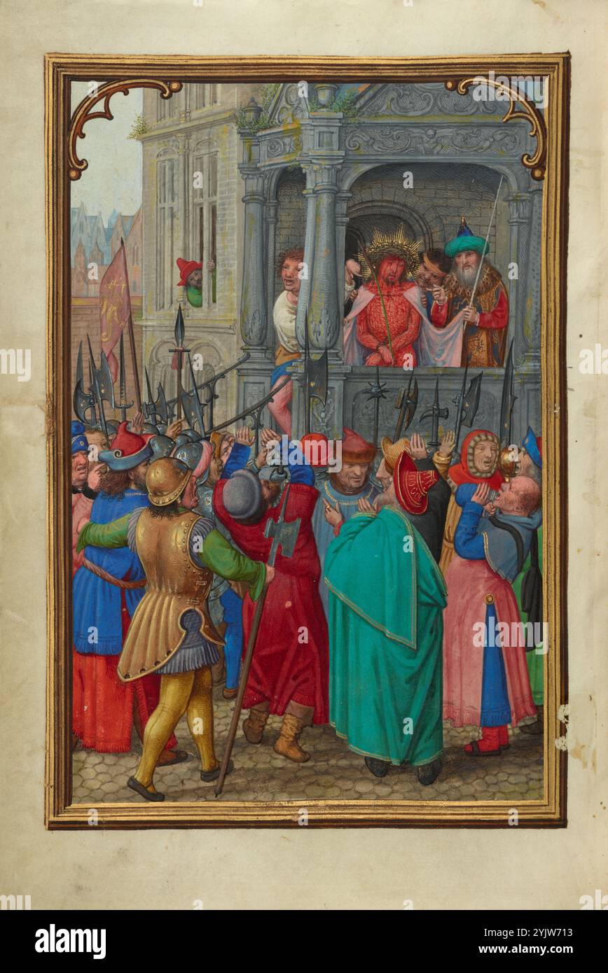Ecce Homo ; Livre de prière du cardinal Albrecht de Brandebourg, vers 1525-1530. Informations supplémentaires : Pilate apporte Christ, couvert de sang et couronné d'épines, devant les Juifs afin qu'ils puissent le juger. La réponse de la foule est d'appeler à sa crucifixion. Parce que Pilate a prononcé les mots Ecce Homo (Voici l'homme) en présentant Christ au peuple, la scène est connue sous ce nom. Simon Bening remplissait la moitié inférieure de la miniature avec la foule bruyante, contrastant ainsi la foule hideuse avec la figure isolée et vulnérable du Christ. Banque D'Images