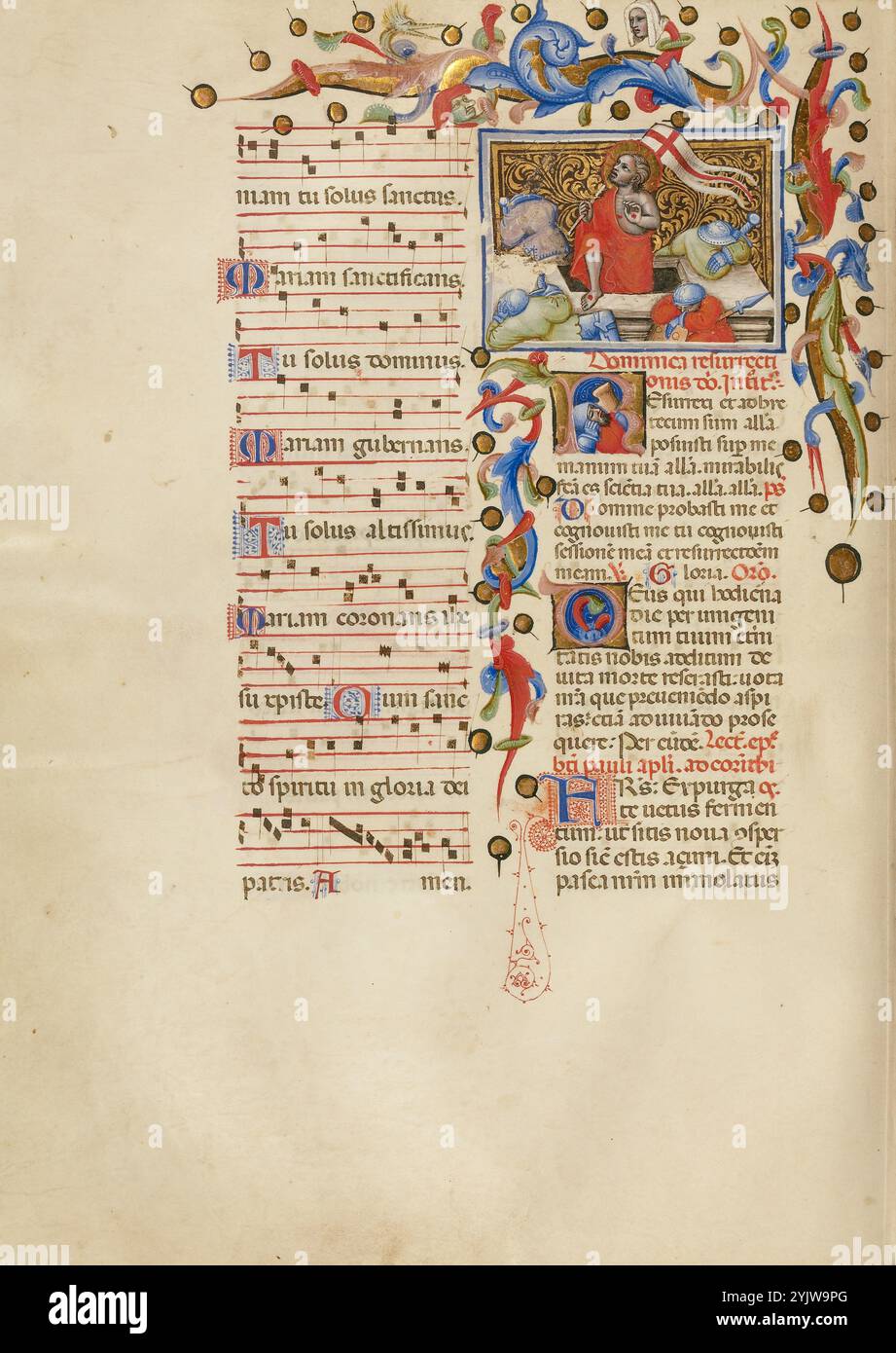 The Resurrection : initial R : a Sleeping Soldier ; Missal, entre 1389 et 1400. Informations supplémentaires : Christ semble céleste alors qu'il s'éloigne de son sarcophage, tandis que cinq gardes romains, quatre dans la miniature et un dans le R initial ci-dessous, dorment sur leur montre. La scène introduit la fête de Pâques, qui commémore le réveil du Christ d'entre les morts trois jours après son enterrement. Les blessures que Christ a subies à la Crucifixion sont visibles sur sa poitrine, sa main et son pied, et il porte une bannière symbolisant la Résurrection. Concentrer notre attention sur l'essence du récit, l'illumin Banque D'Images