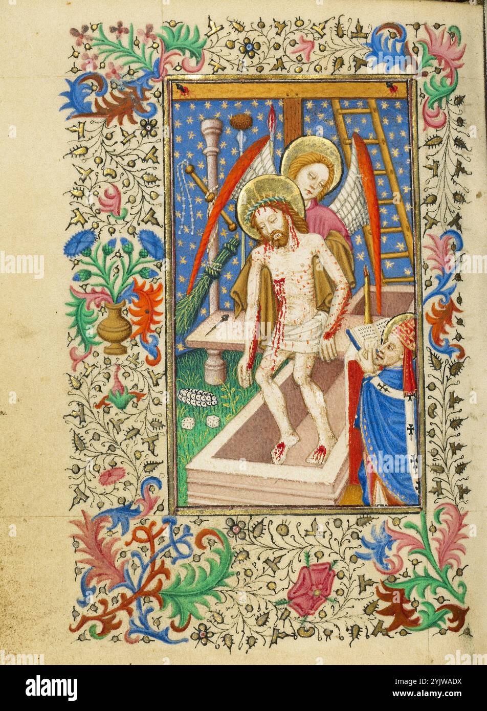 La messe de Saint Grégoire ; Livre d'heures, vers 1430-1440. Saint Grégoire a une vision du Christ. Un ange abaisse son corps dans la tombe. Banque D'Images