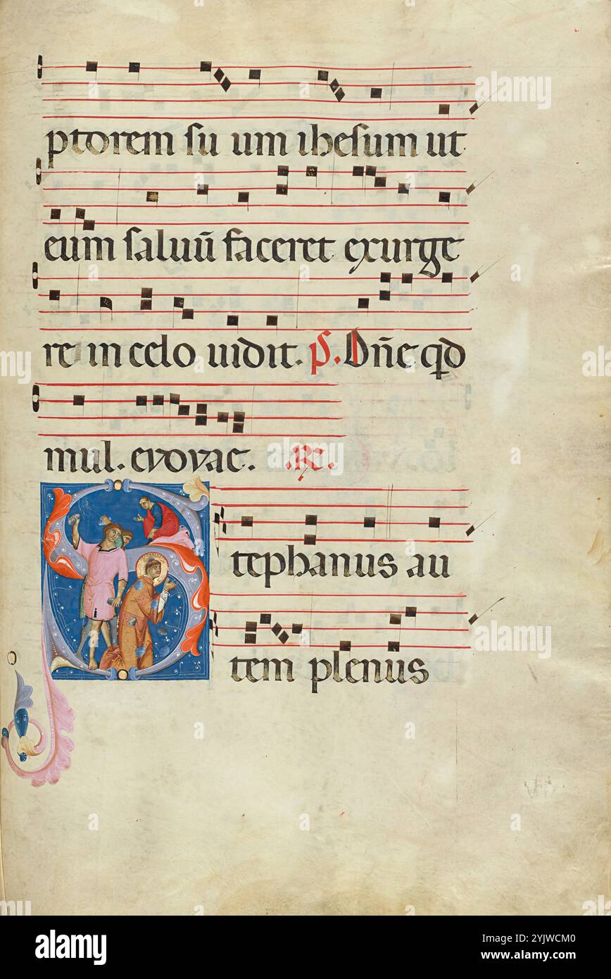 Initiale S : la lapidation de Saint-Étienne ; Antiphonal, fin du XIIIe siècle. Informations complémentaires : autour des vrilles du S qui ouvre le chant chanté le jour de sa fête, Saint Étienne s'agenouille dans la prière tandis que ses bourreaux lui lancent des pierres par derrière. Étienne, qui vivait à l’époque de Jésus, fut le premier martyr à sacrifier sa vie au nom du christianisme. Cette illumination suit de près l'histoire biblique - montrant que la dévotion de Stephen a continué à travers les prières qu'il a récité pendant son tourment. Pour accentuer l'impact du drame, l'illuminateur a représenté les pierres à la fois dans le Banque D'Images Initiale S : la lapidation de Saint-Étienne ; Antiphonal, fin du XIIIe siècle. Informations complémentaires : autour des vrilles du S qui ouvre le chant chanté le jour de sa fête, Saint Étienne s'agenouille dans la prière tandis que ses bourreaux lui lancent des pierres par derrière. Étienne, qui vivait à l’époque de Jésus, fut le premier martyr à sacrifier sa vie au nom du christianisme. Cette illumination suit de près l'histoire biblique - montrant que la dévotion de Stephen a continué à travers les prières qu'il a récité pendant son tourment. Pour accentuer l'impact du drame, l'illuminateur a représenté les pierres à la fois dans le Banque D'Images