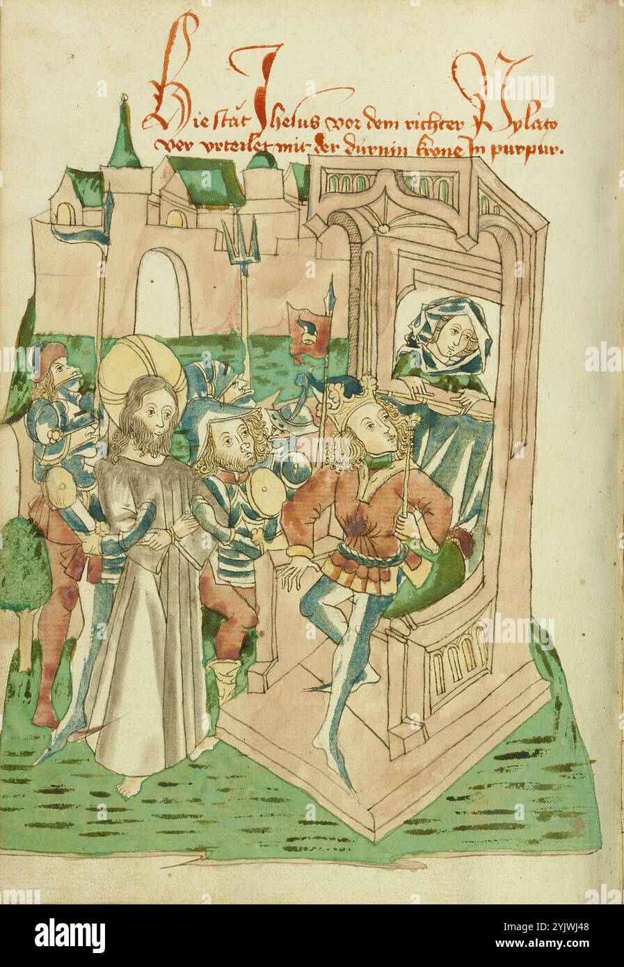 Christ avant Pilate ; Barlaam und Josaphat, 1469. Illustration tirée de "Barlaam und Josaphat", une romance en vers, par Rudolf von EMS. Barlaam et Josaphat, également connus sous le nom de Bilawhar et Budhasaf, étaient des saints chrétiens dont l'histoire était basée sur la vie du Bouddha Gautama. Selon la légende, un roi indien a persécuté l'Église chrétienne dans son Royaume. Après que les astrologues aient prédit que son propre fils deviendrait un jour chrétien, le roi emprisonna le jeune prince Josaphat, qui rencontra néanmoins l'ermite Saint Barlaam et se convertit au christianisme. Après beaucoup de tribulation le youn Banque D'Images