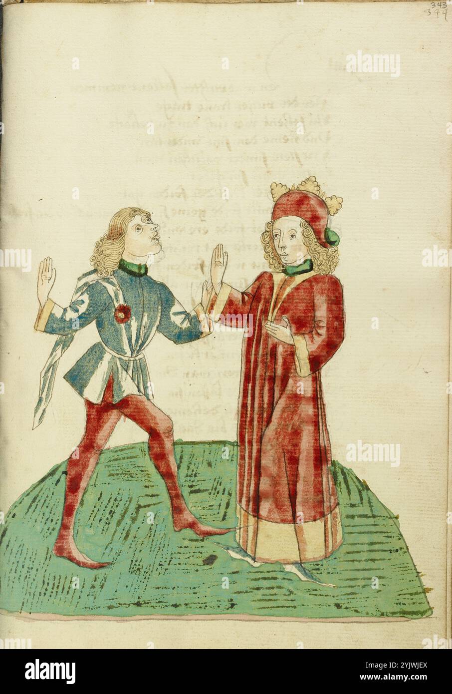 Le roi Josaphat choisit Barochias comme successeur ; Barlaam und Josaphat, 1469. Illustration tirée de "Barlaam und Josaphat", une romance en vers, par Rudolf von EMS. Barlaam et Josaphat, également connus sous le nom de Bilawhar et Budhasaf, étaient des saints chrétiens dont l'histoire était basée sur la vie du Bouddha Gautama. Selon la légende, un roi indien a persécuté l'Église chrétienne dans son Royaume. Après que les astrologues aient prédit que son propre fils deviendrait un jour chrétien, le roi emprisonna le jeune prince Josaphat, qui rencontra néanmoins l'ermite Saint Barlaam et se convertit au christianisme. Arrière Banque D'Images