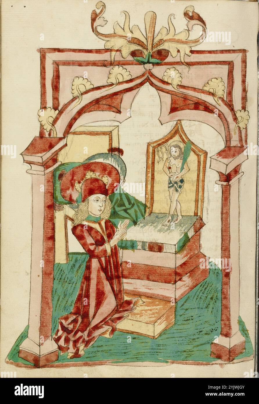 Josaphat s'agenouille devant un autel avec l'homme des douleurs ; Barlaam und Josaphat, 1469. Illustration tirée de "Barlaam und Josaphat", une romance en vers, par Rudolf von EMS. Barlaam et Josaphat, également connus sous le nom de Bilawhar et Budhasaf, étaient des saints chrétiens dont l'histoire était basée sur la vie du Bouddha Gautama. Selon la légende, un roi indien a persécuté l'Église chrétienne dans son Royaume. Après que les astrologues aient prédit que son propre fils deviendrait un jour chrétien, le roi emprisonna le jeune prince Josaphat, qui rencontra néanmoins l'ermite Saint Barlaam et se convertit à Christiani Banque D'Images