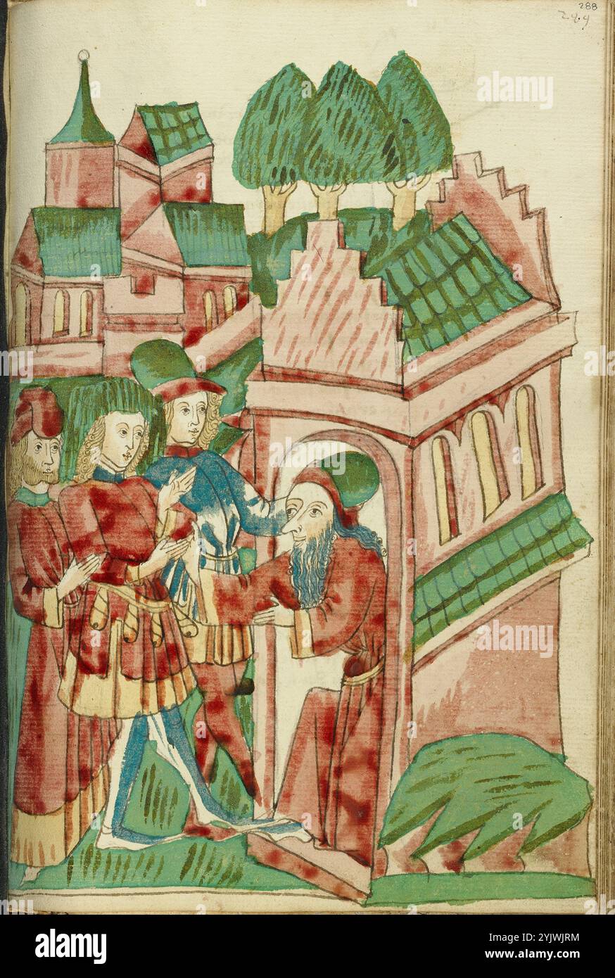 Trois hommes approchent un ermite ; Barlaam und Josaphat, 1469. Illustration tirée de "Barlaam und Josaphat", une romance en vers, par Rudolf von EMS. Barlaam et Josaphat, également connus sous le nom de Bilawhar et Budhasaf, étaient des saints chrétiens dont l'histoire était basée sur la vie du Bouddha Gautama. Selon la légende, un roi indien a persécuté l'Église chrétienne dans son Royaume. Après que les astrologues aient prédit que son propre fils deviendrait un jour chrétien, le roi emprisonna le jeune prince Josaphat, qui rencontra néanmoins l'ermite Saint Barlaam et se convertit au christianisme. Après beaucoup de tribulation t Banque D'Images