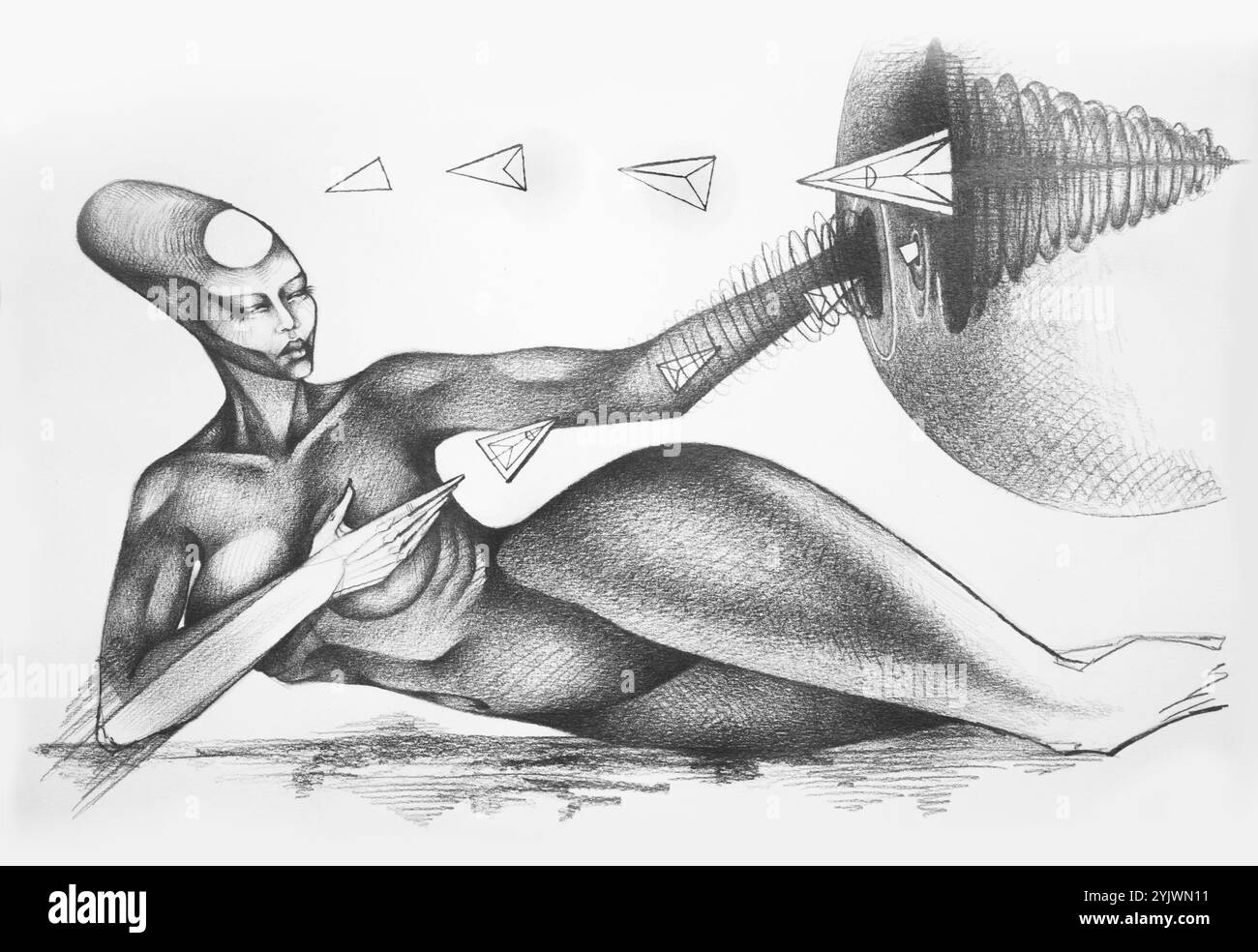 Illustration graphite d'un extraterrestre représentant le concept de Karma à travers des vaisseaux spatiaux Banque D'Images