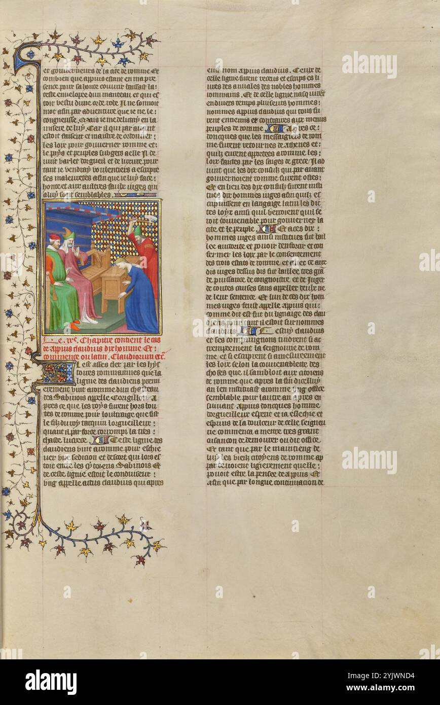 Virginia tuée par son Père pour la sauver des attentions d'Appius Claudius ; des cas des nobles hommes et femmes, vers 1413-1415. Informations complémentaires : sa tête posée sur un bloc, la jeune femme romaine Virginia attend un coup fatal de son père devant les juges romains. Belle et vertueuse, la Virginie avait été promise en mariage à un tribun romain nommé Lucius. À la demande de son commandant, Appius Claudius, qui la désirait secrètement, cependant, un sergent nommé Marcus revendiqua la Virginie pour la sienne. Lucius et Marcus ont déclaré leurs revendications à la femme devant un groupe de juges qui comprenait Banque D'Images