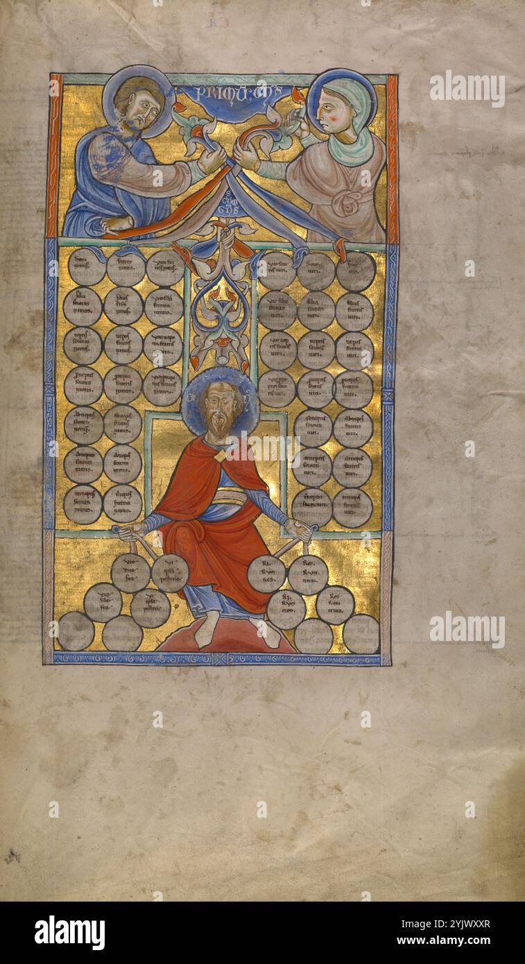 Tableau des affinités ; Decretum, vers 1170-1180. Informations supplémentaires:la table des affinités sert de pendentif à la table de consanguinité dans la section sur le mariage dans les Decretals de Gratien. Ce tableau montre les relations qu'un mari et une femme entretiennent avec la famille de l'autre. La section supérieure du diagramme contenant le mari et la femme, ici étiquetés de manière appropriée Adam et Ève, est identifiée comme Primu[m] G[e]n[u]s (premier degré [d'affinité]). Ces deux personnages tressent ensemble les queues de quatre animaux fantastiques qui poussent des feuilles de vigne. Les têtes mordantes des animaux maintiennent la partie médiane de t Banque D'Images