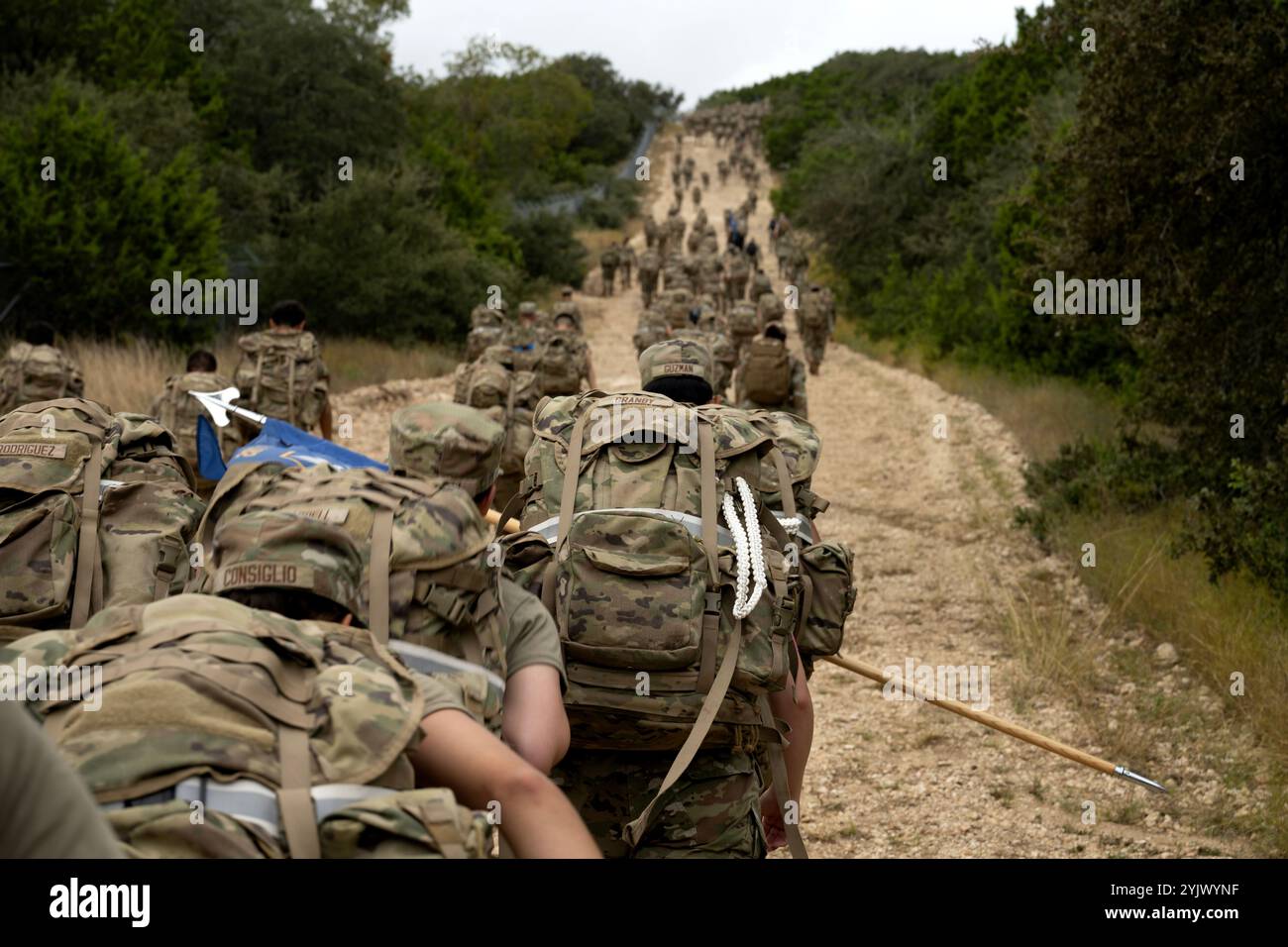 Les aviateurs américains affectés à la base commune San Antonio approchent des Three Bears Hill lors de la Marche du défenseur déchu à la base commune San Antonio-Camp Bullis, Texas, le 8 novembre 2024. Environ deux mille aviateurs des forces de sécurité affectés à la 502d Air base Wing et à la 37e Training Wing ont ruiné aux côtés des membres de la famille Gold Star et des supporters de la JBSA sur le parcours de plus de 5 miles tout en transportant au moins 35 livres sur des terrains variés. (Photo de l'US Air Force par Kathryn R.C. Reaves) Banque D'Images