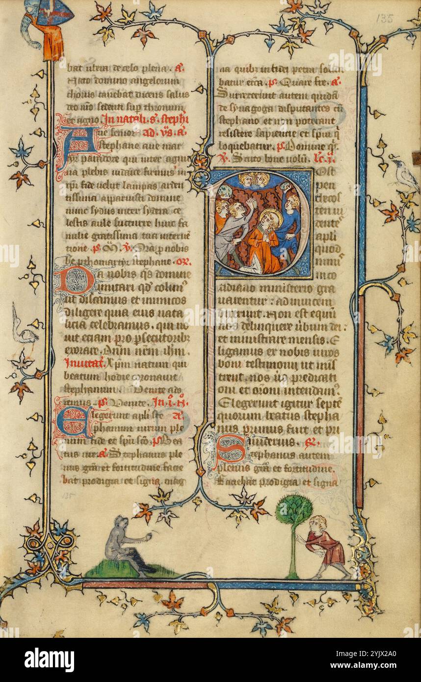 P initial : la lapidation de Saint-Étienne ; Bréviaire, vers 1320-1325. Banque D'Images P initial : la lapidation de Saint-Étienne ; Bréviaire, vers 1320-1325. Banque D'Images