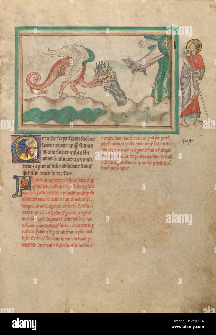 Le Dragon lance de l'eau après la femme vêtue du soleil ; Dyson Perrins Apocalypse, vers 1255-1260. Informations supplémentaires:en colère que la femme s'échappe, "le serpent jette de sa bouche l'eau comme une rivière, après la femme, de sorte qu'il pourrait la faire emporter par la rivière." (Apocalypse 12:15) dans la miniature, seuls le bas de la robe de la femme, ses pieds et le bord d'une aile sont visibles alors qu'elle s'envole juste à temps, au-delà de l'espace du cadre de la miniature. Selon le texte, la terre elle-même aide la femme en absorbant une grande partie de l'eau. Banque D'Images