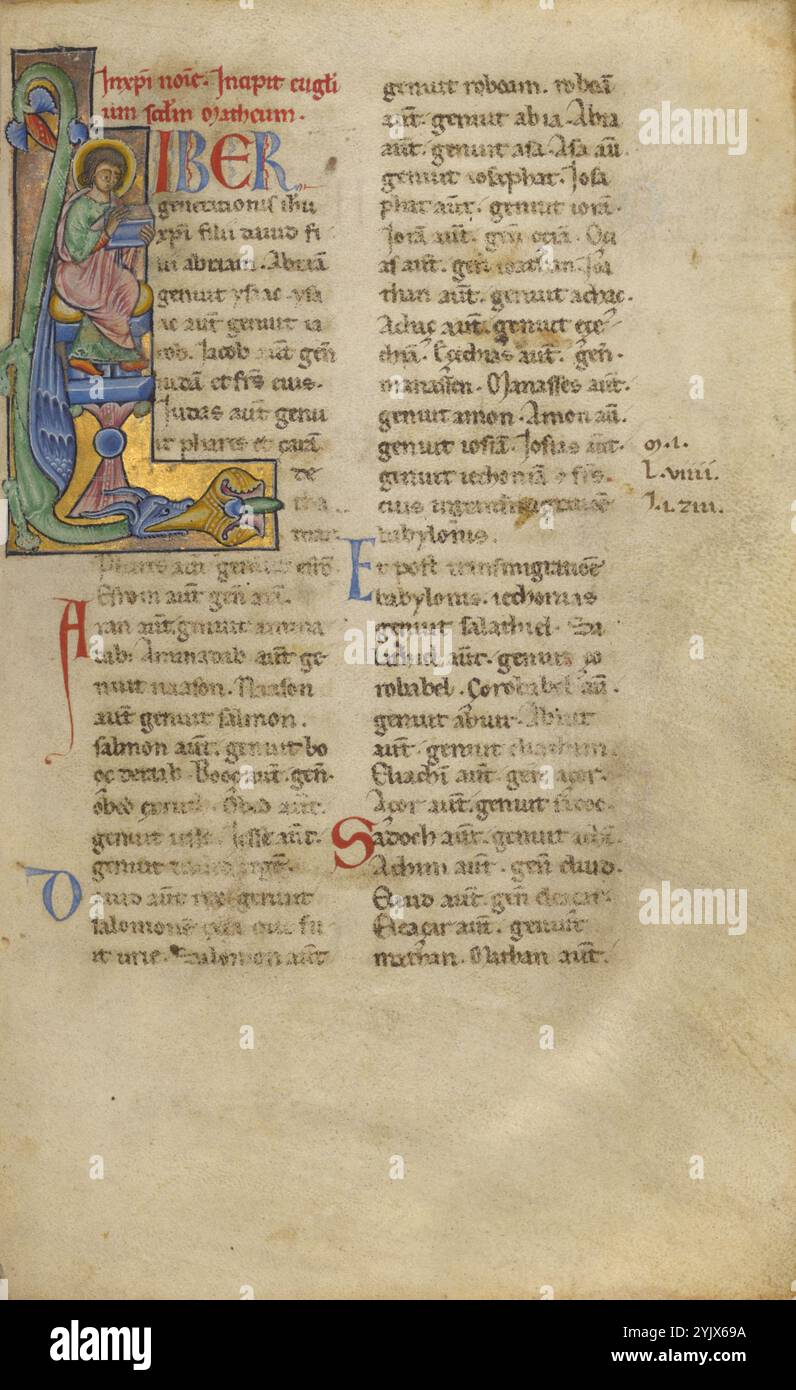 Initiale l : Saint Matthieu assis ; Nouveau Testament, fin du XIIe siècle. Banque D'Images
