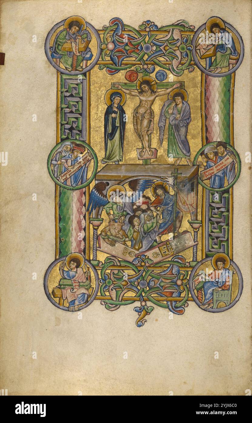 La Crucifixion et la déchirure de l'enfer ; Nouveau Testament, fin du XIIe siècle. Banque D'Images