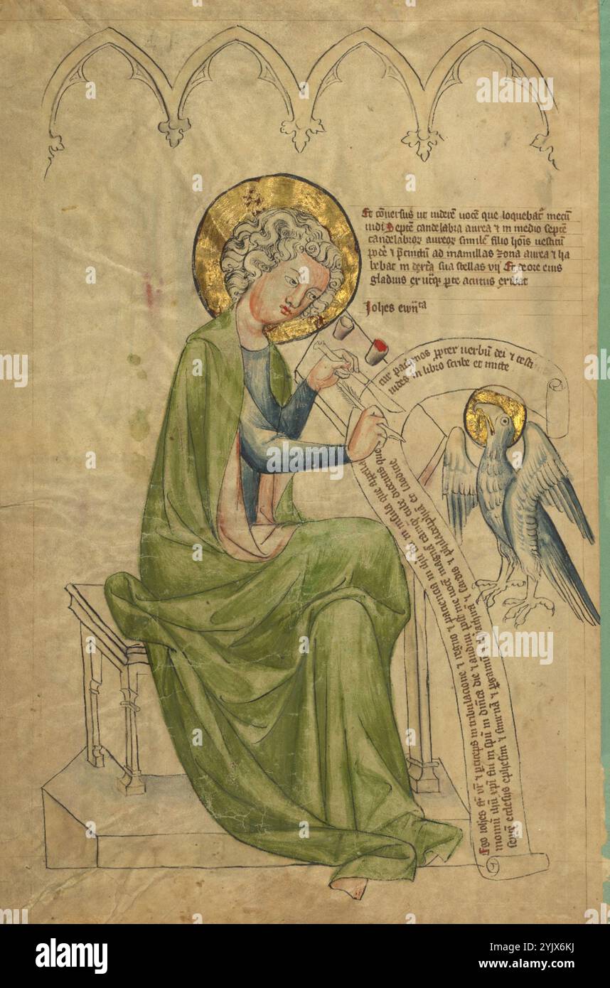 Saint Jean l'Évangéliste écrivant, vers 1340-1350. Informations supplémentaires:dans cette image, Saint Jean est représenté transcrivant fidèlement ses visions divines de la fin du monde. Il est assis les jambes croisées, écrivant le Livre des révélations avec sa plume et son couteau et deux pots d'encre sur le bureau à côté de lui. John semble recevoir l'inspiration de l'aigle, son symbole évangéliste, qui lui fait face et attrape son regard. En enregistrant son inspiration mystique, John l’authentifie et la préserve pour les futurs lecteurs. L'artiste montre Saint Jean comme une figure magnifique, affichant en évidence les écrits de lui Banque D'Images