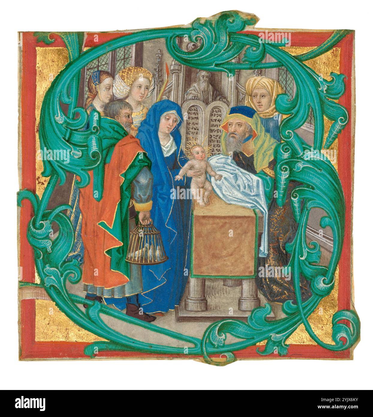 Initial S : la présentation dans le Temple, vers 1475-1500. Informations supplémentaires:la présentation de Jésus dans le Temple est un événement de la Bible chrétienne&#x2019;s Livre de Luc. Dans cette histoire, Marie et Joseph emmènent le nouveau-né au Temple de Jérusalem dans le cadre d’une tradition religieuse juive. Selon les lois données par Dieu à Moïse, les mères de garçons nouveau-nés devaient venir au Temple 40 jours après avoir accouché pour dédier l'enfant à Dieu. La présentation a également fonctionné comme un rituel de purification pour la mère, qui était considérée comme impure après l'accouchement. Dans cette comp bondée Banque D'Images