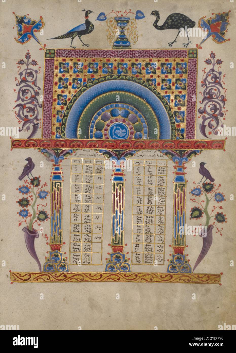Canon table page ; Zeyt'un Gospels, 1256. Informations supplémentaires:toutes les pages des tableaux canons des Évangiles arméniens de Zeyt'un emploient une structure architecturale similaire pour abriter la concordance des Évangiles. L'illuminateur T'oros Roslin a également utilisé systématiquement des motifs de bijoux à petite échelle, ici les fleurs en quatre parties, les zigzags et l'ombrage semblable à de l'émail qui remplit le grenier soutenu par les colonnes. Sur les côtés de la charpente architecturale, des volutes s'élèvent de cornes d'abondance. Les plus hauts rappellent en particulier les vignes en spirale équilibrées vues dans les illuminations gothiques d'Europe occidentale. Banque D'Images