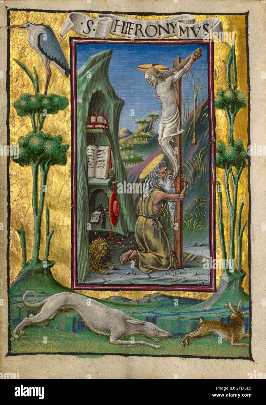 Saint Jérôme dans le désert ; heures de Gualenghi-d'Este, vers 1469. Informations complémentaires:le pénitent Saint Jérôme, qui s'est retiré dans le désert, s'agenouille au pied d'une image sculptée du Christ sur la croix. Bien que le spectateur soit censé comprendre que Jérôme prie devant un crucifix sculpté, Jérôme semble également être présent à la Crucifixion réelle. Dans sa grotte se trouve un lion, l'attribut du saint. Trois livres se dressent sur les étagères, se référant aux efforts savants de Saint Jérôme. Banque D'Images