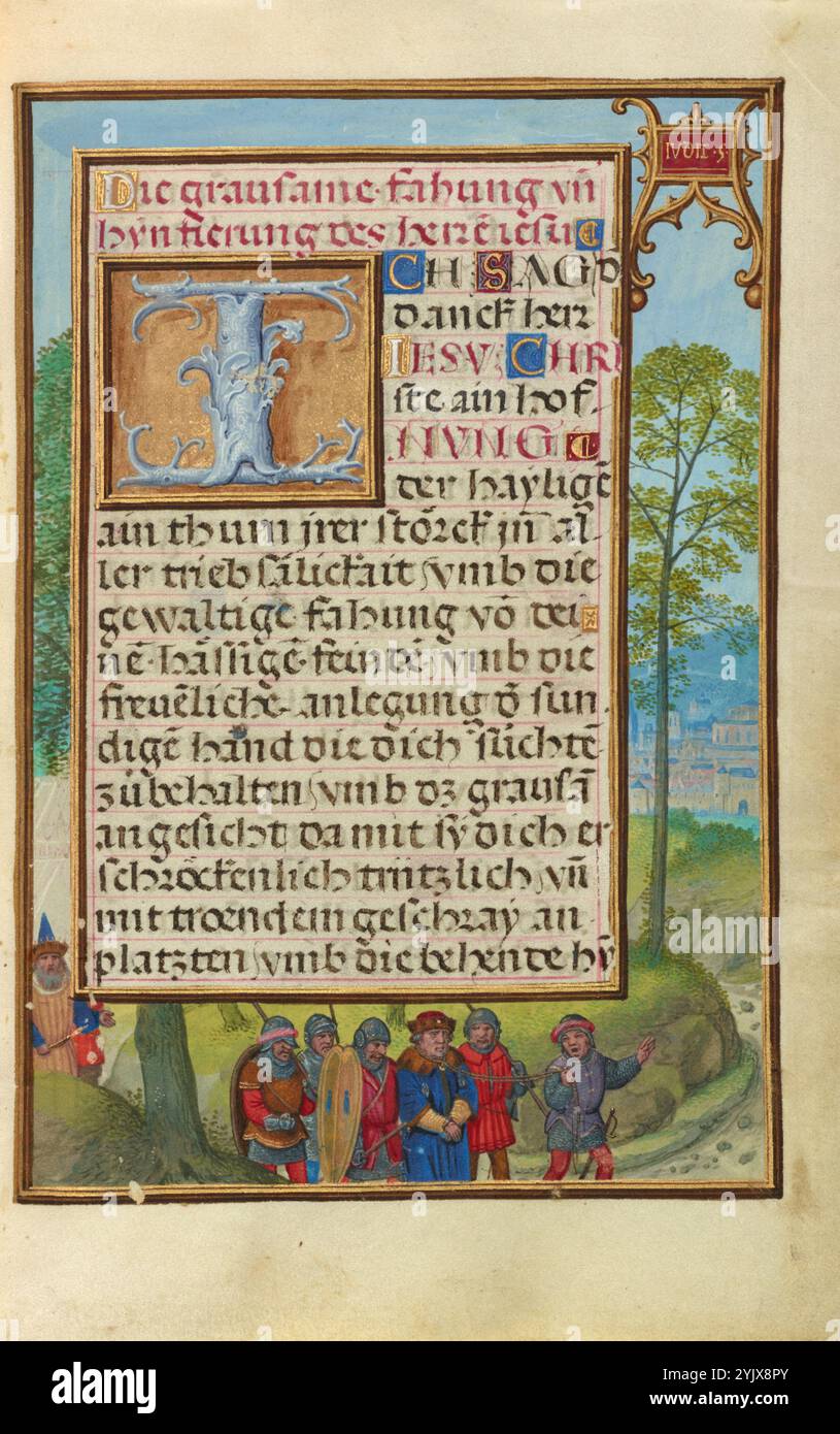 Frontière avec l'arrestation d'Achior ; Livre de prière du cardinal Albrecht de Brandebourg, vers 1525-1530. Informations supplémentaires:gardé par des soldats, Achior suit involontairement ses ravisseurs dans la ville assiégée de Bethulia. Selon cette histoire de l'ancien Testament, Achior s'est finalement converti à la foi juive après que les Juifs de Bethulia l'aient accueilli et l'aient bien traité. L'image d'Achior lié et avec une corde autour du cou fait écho à la représentation de l'arrestation du Christ vue sur la page en regard, une stratégie artistique utilisée pour aider le spectateur à faire le lien entre les événements de l'ancien et du Nouveau Testament. Banque D'Images