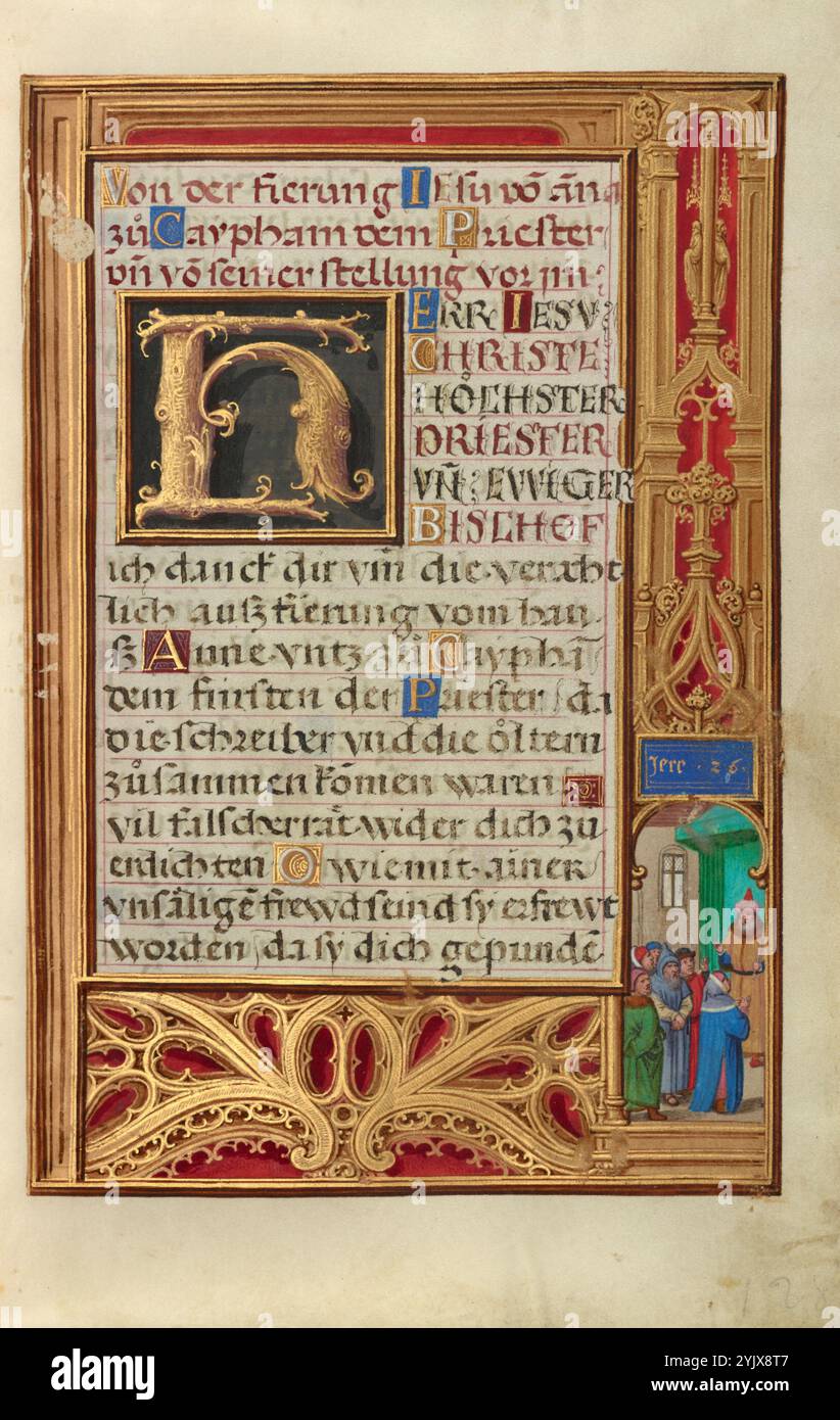 Frontière avec Jérémie avant Johoiakim ; Livre de prière du cardinal Albrecht de Brandebourg, vers 1525-1530. Informations supplémentaires:dans le coin inférieur droit de cette frontière, le prophète juif Jérémie prédit devant le roi de Juda que le mal va frapper toutes les villes de Juda si le peuple n'obéit pas à la loi de Dieu. Quand les autres prêtres et prophètes menacent de le tuer pour ses paroles, Jérémie explique que s’ils le font, ils verseront du sang innocent, car il a été envoyé par Dieu pour leur parler. Cette scène de jugement tirée de l'ancien Testament fait face à un événement similaire du Nouveau Testament, Chr Banque D'Images